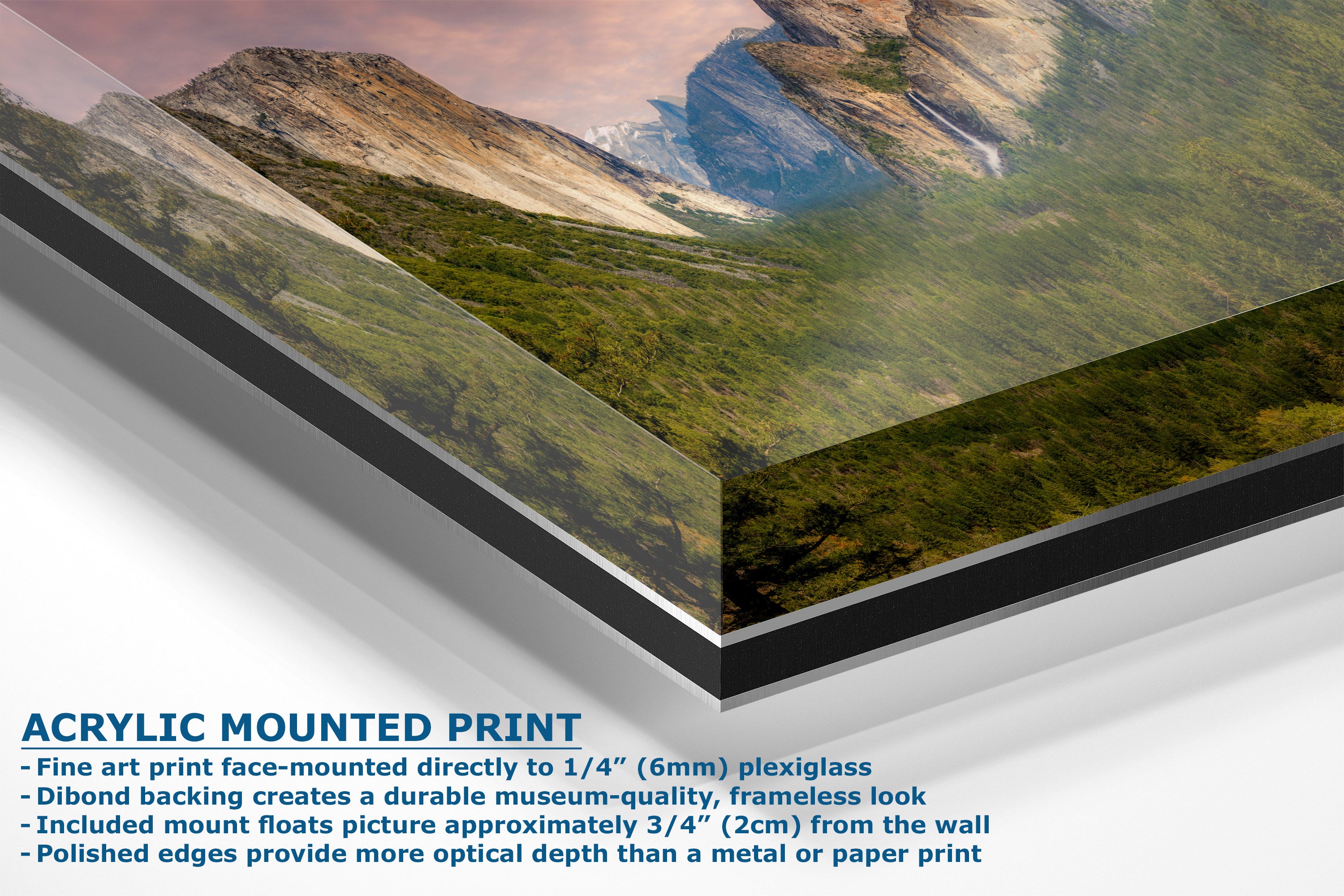 Acrylic mounted art print of a mountain landscape, showing a close-up of the layered acrylic frame and a text overlay detailing the features of the acrylic print.