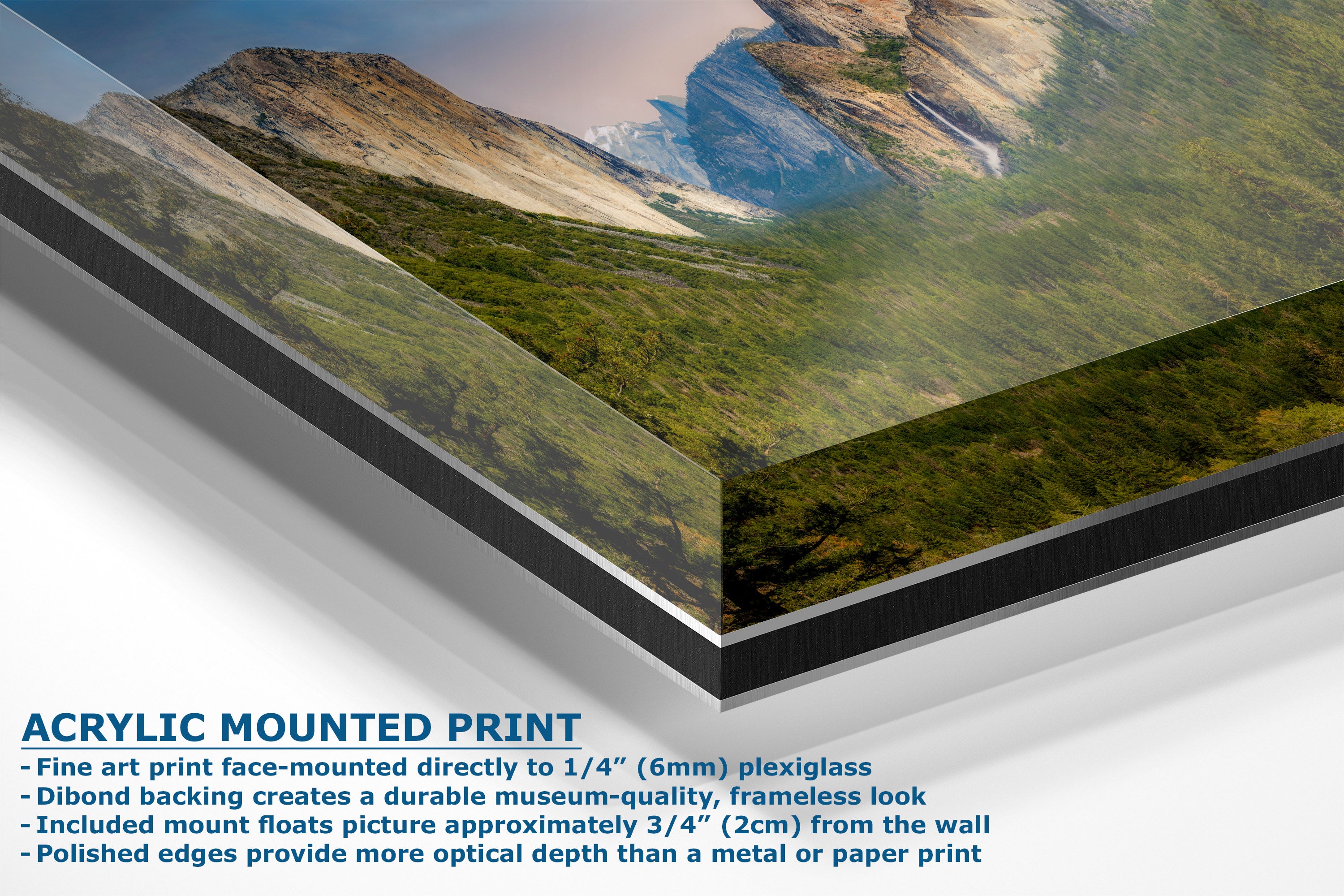Acrylic mounted art print of a mountain landscape, showing a close-up of a plexiglass frame with a printed scenic image and descriptive text on a white background.