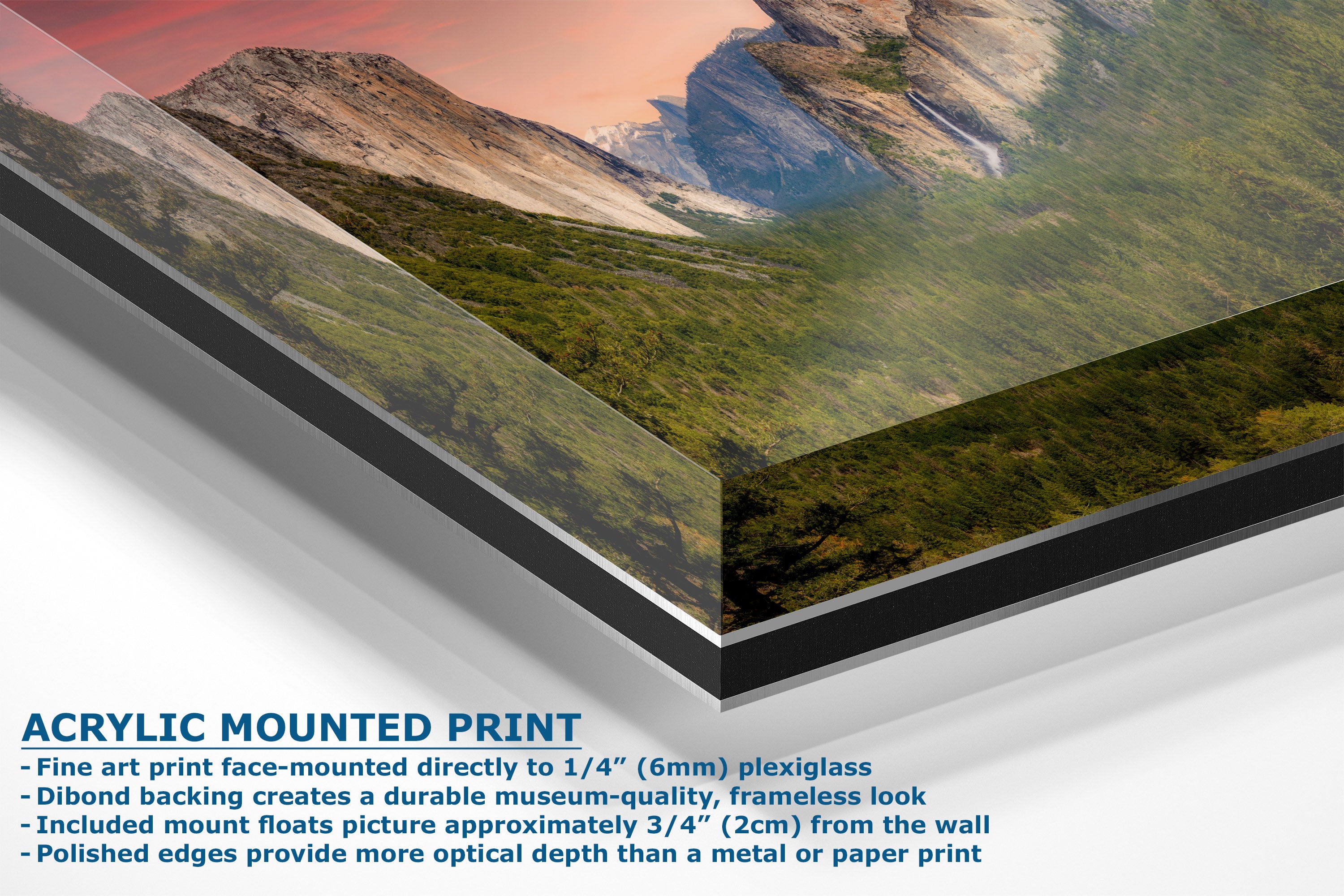 Acrylic mounted art print of a mountain landscape with green forests and a sunset sky, shown at an angle with descriptive text on a white background.
