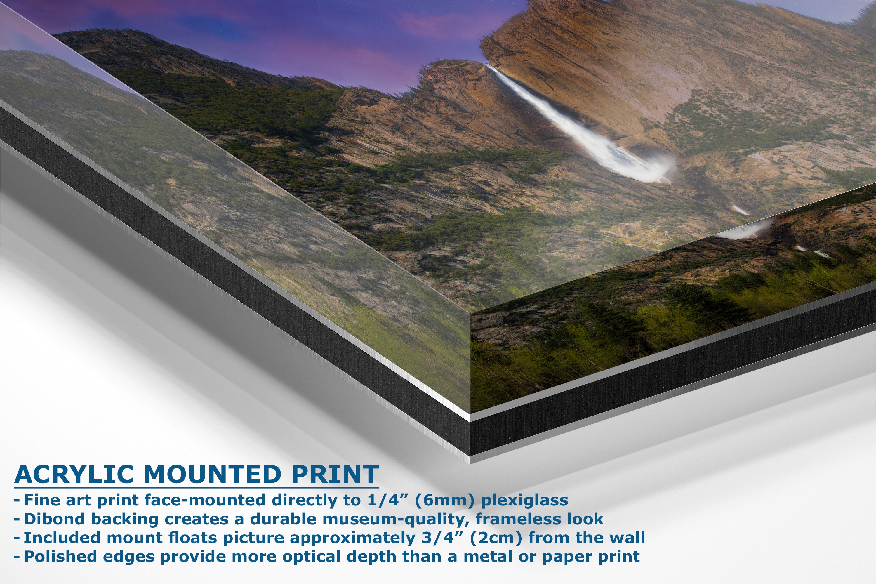 Acrylic mounted art print of a mountain landscape with a waterfall, shown at an angle with descriptive text on a white background.