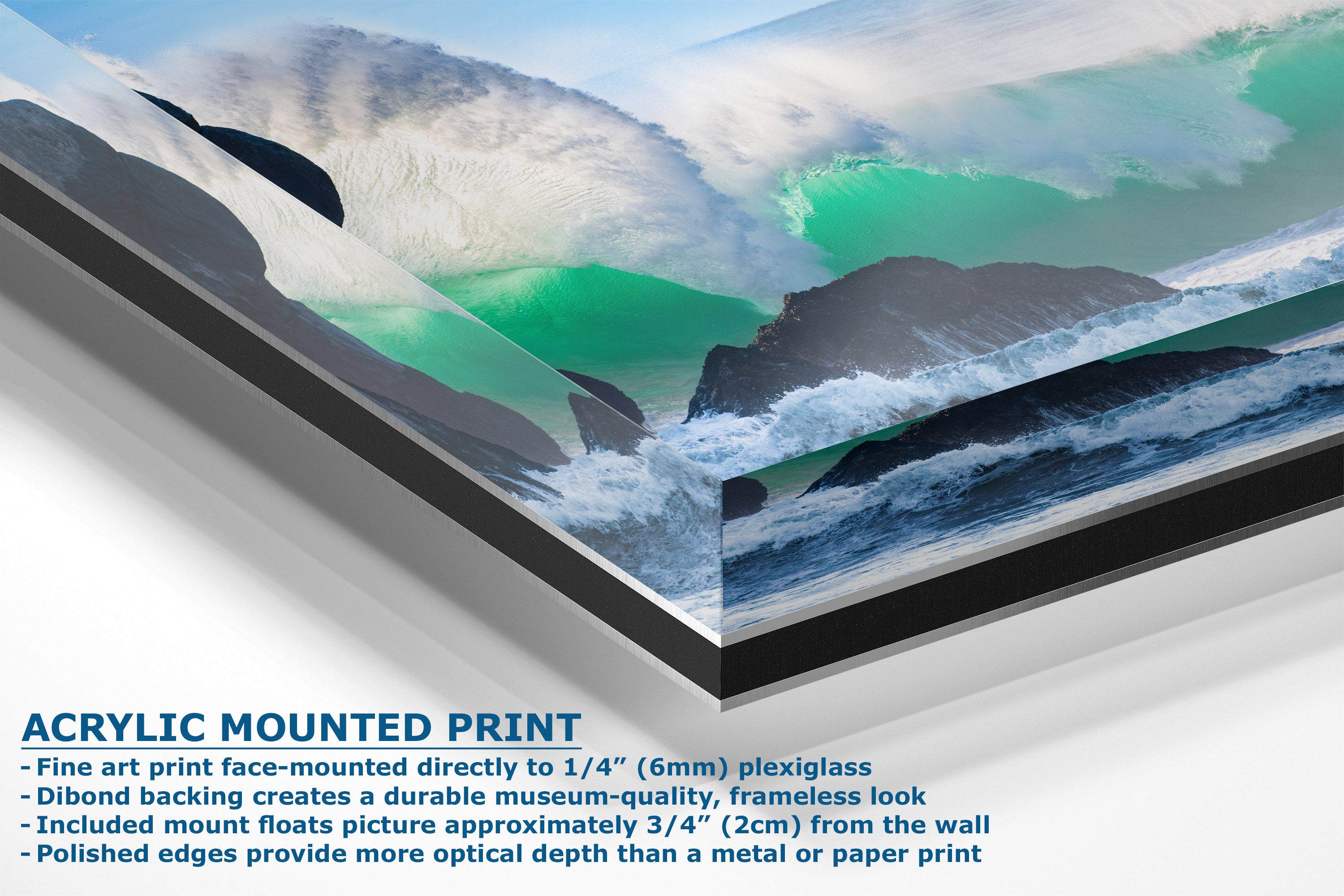Acrylic mounted art print of a dramatic ocean wave crashing, shown at an angle with descriptive text detailing its plexiglass acrylic frame and dimensions.