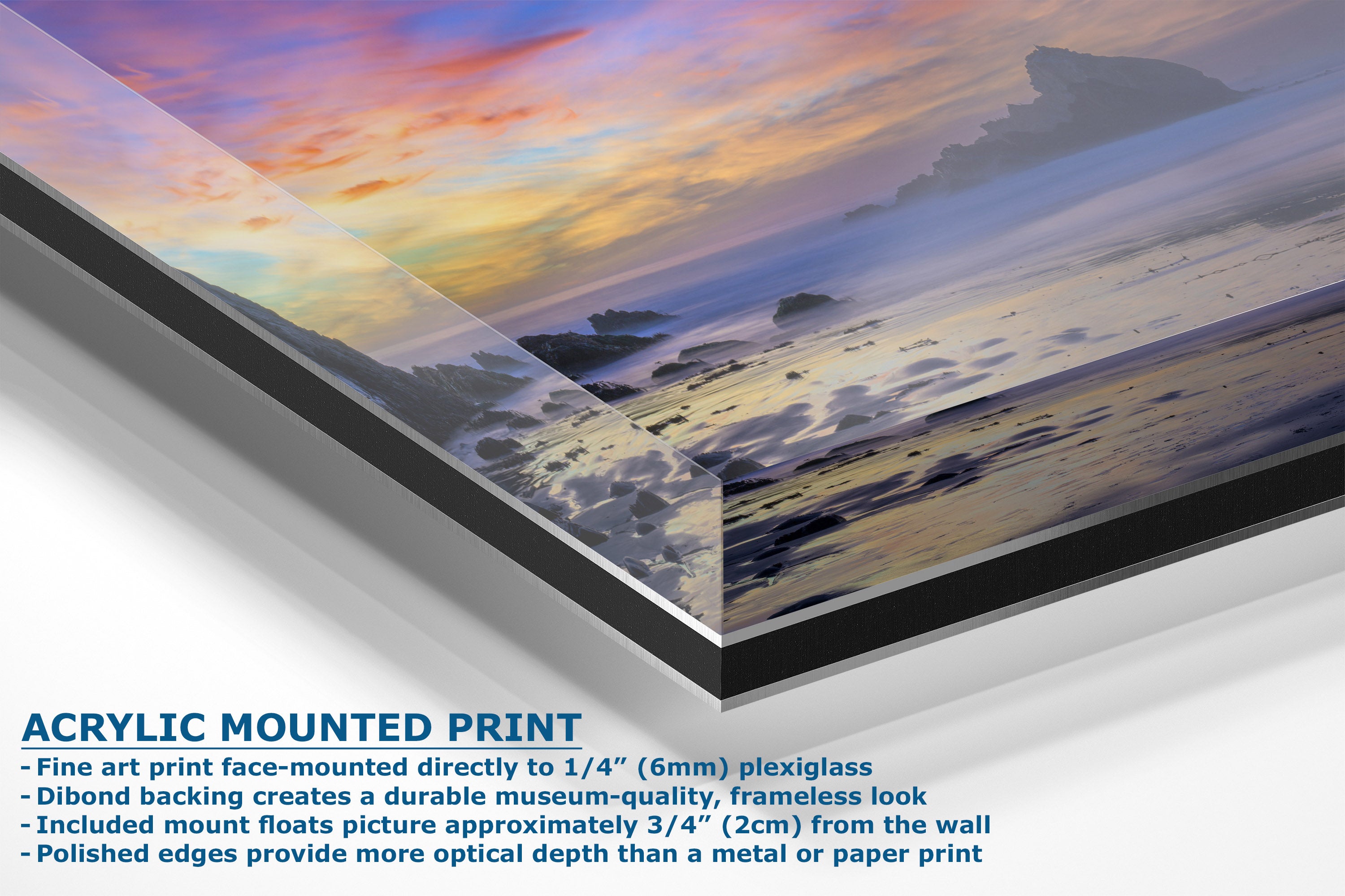 Acrylic mounted canvas print of a coastal landscape at sunset, shown at an angle with descriptive text on a white background.