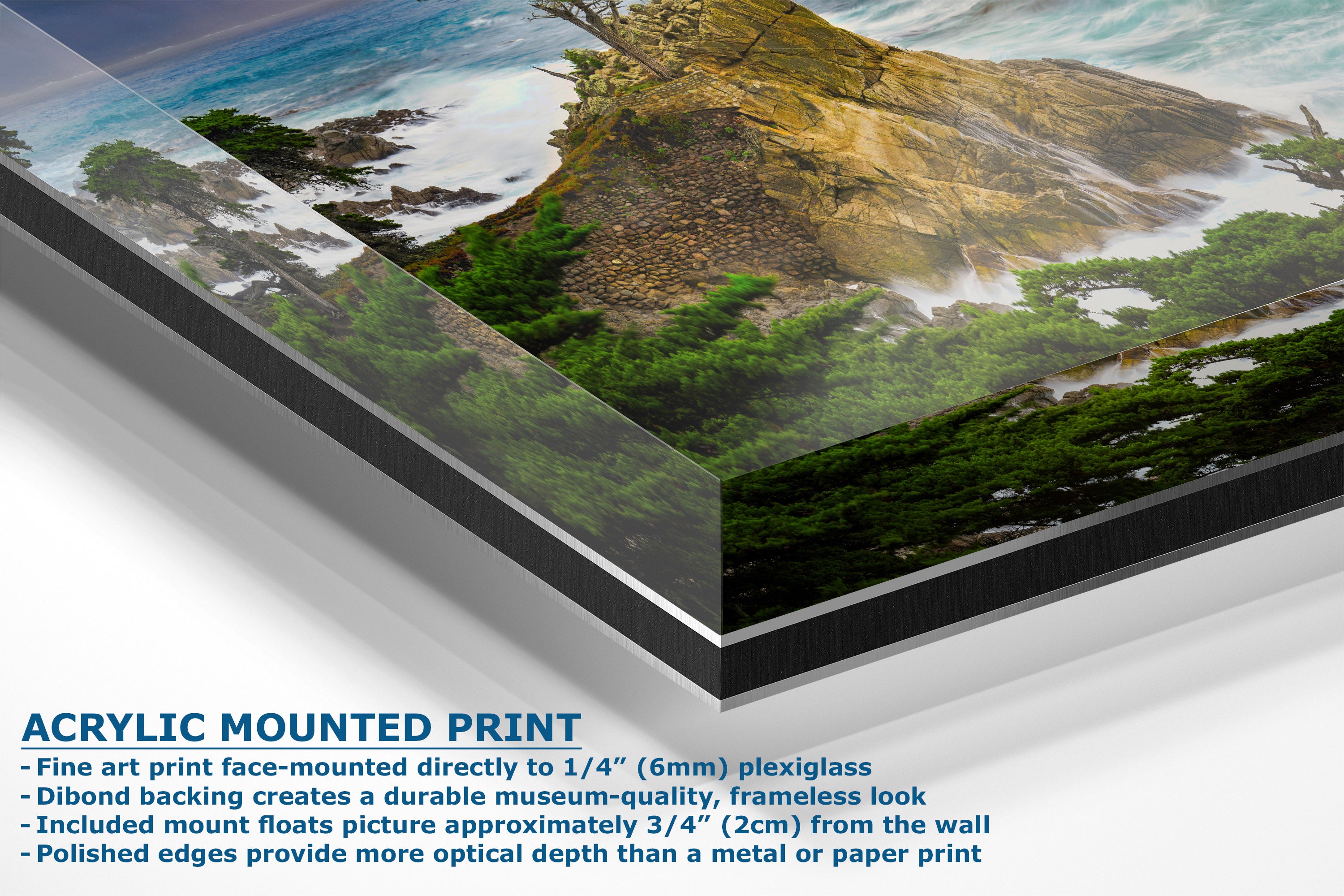 Acrylic mounted art print of a mountain landscape, shown at an angle with descriptive text on a white background.