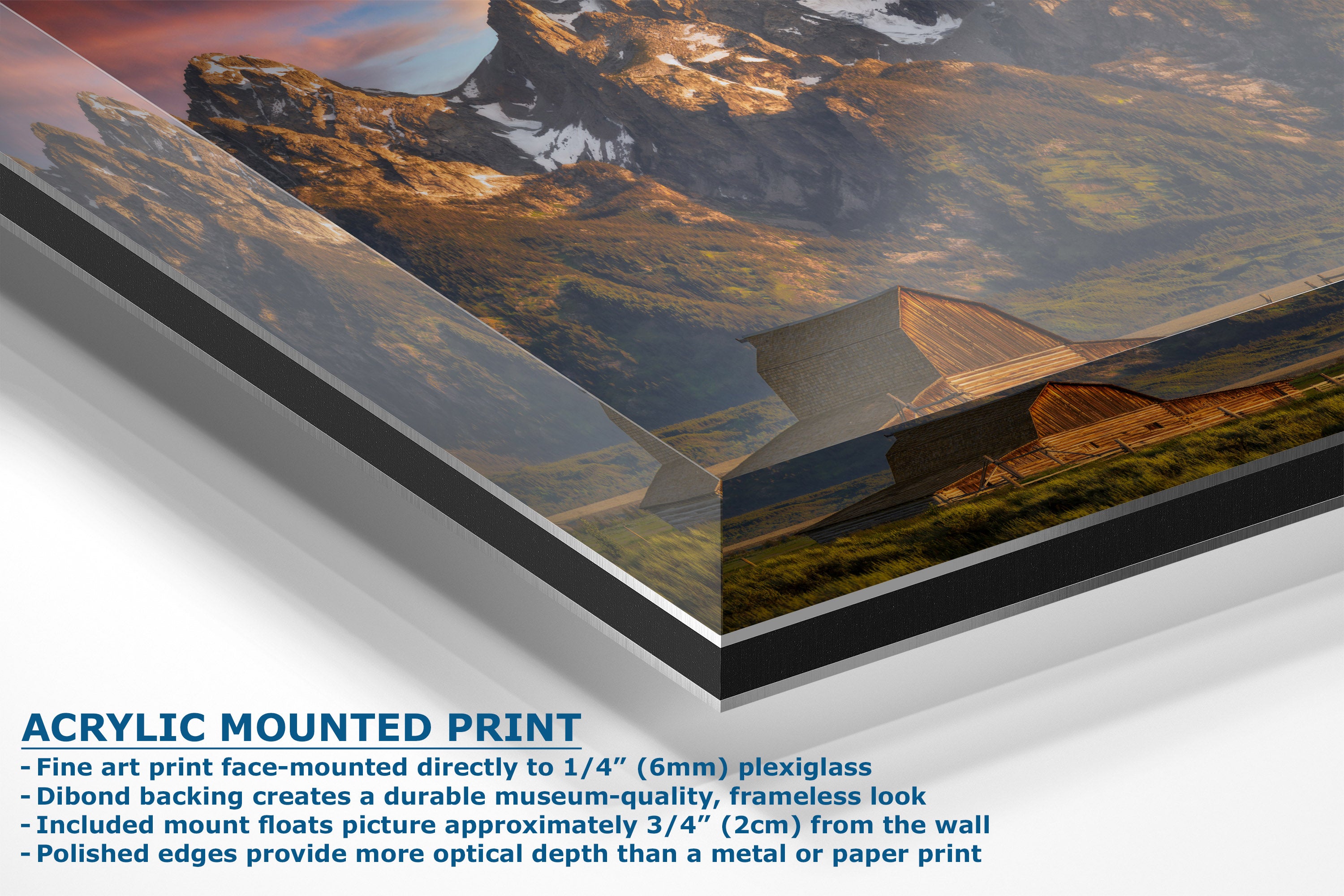 Acrylic mounted art print of a mountain landscape, shown at an angle with descriptive text on a white background.
