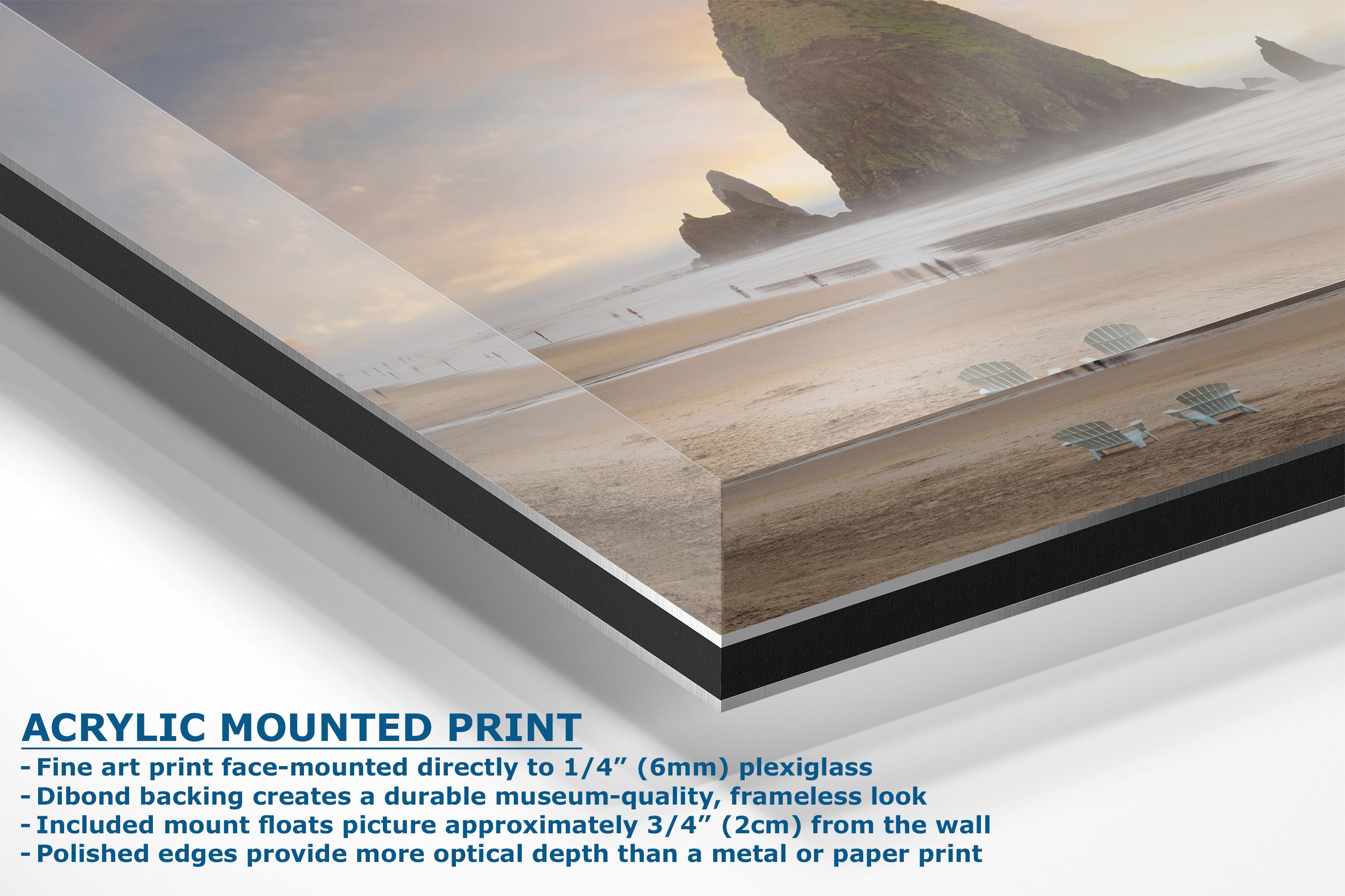 Acrylic mounted art print of a beach scene with ocean waves and rocks, shown at an angle with product details and text overlay on a white background.
