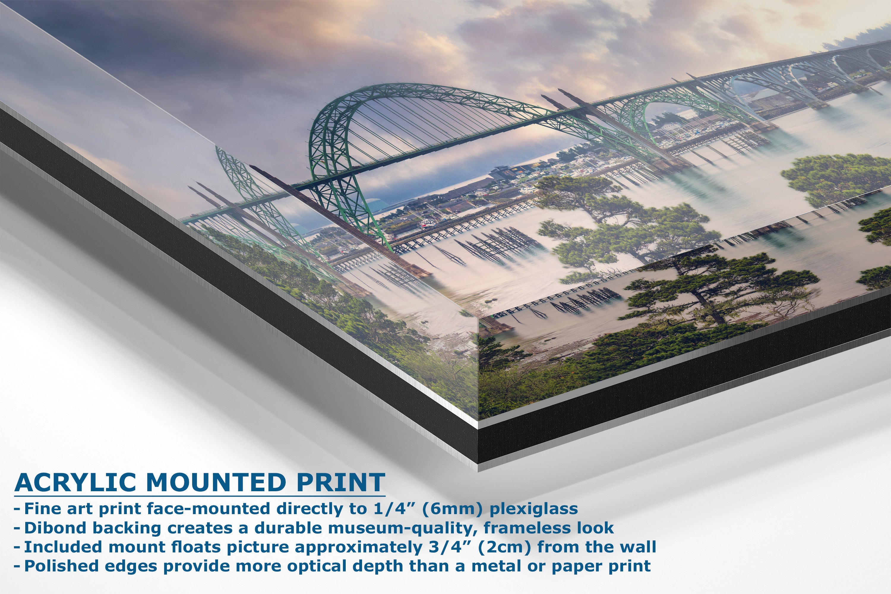 Acrylic mounted art print of a bridge over water, shown at an angle with descriptive text on a white background.