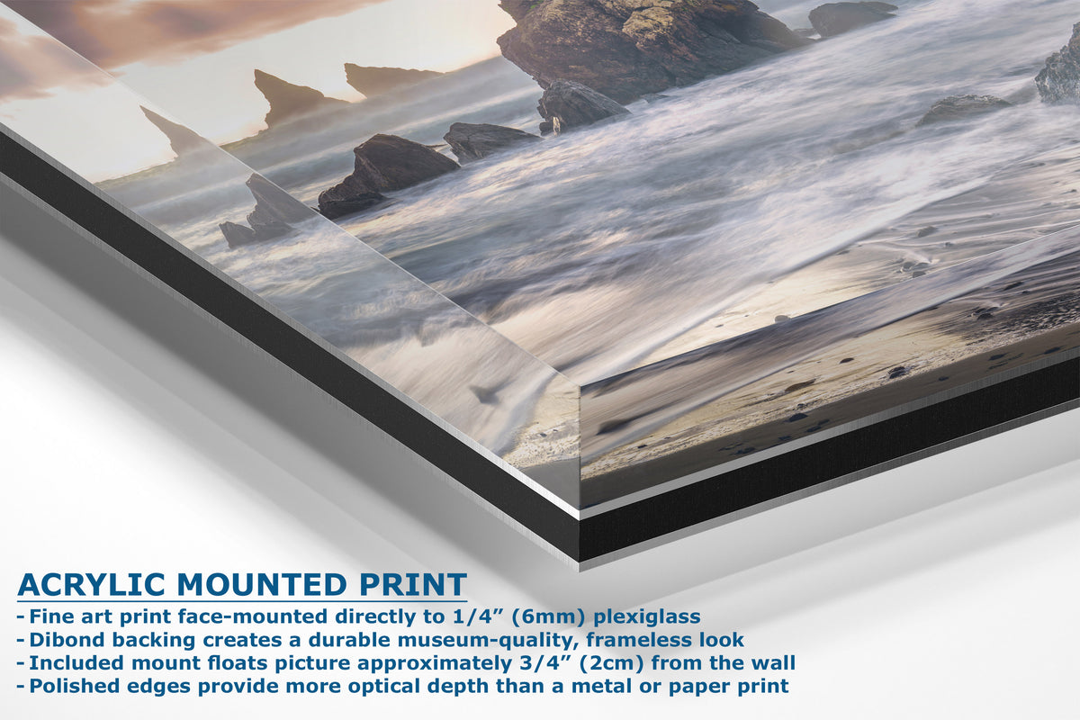 Acrylic mounted canvas print of a rocky beach scene, shown at an angle with descriptive text detailing its features on a white background.