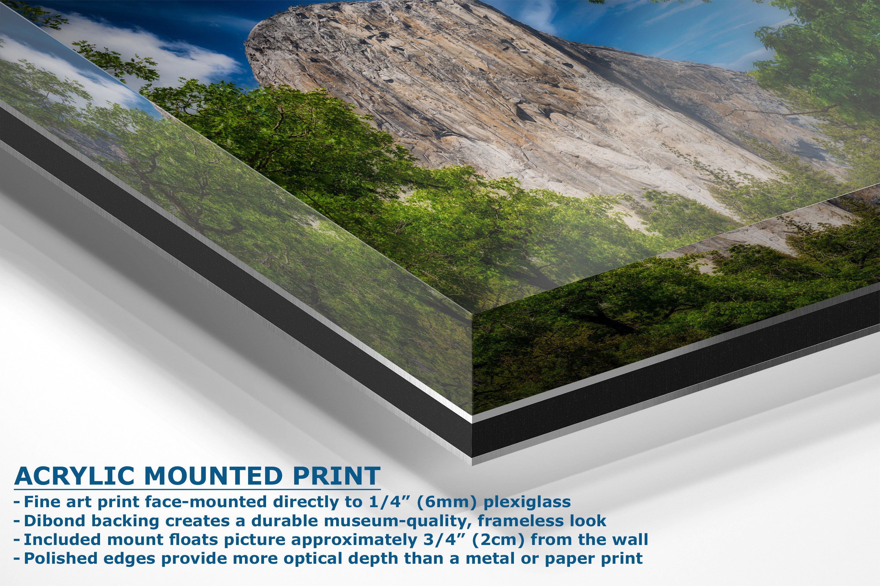 A corner view of a acrylic mounted art print of a mountain landscape, showing a close-up of the print's layered acrylic and glass construction with a blue text overlay detailing its features.
