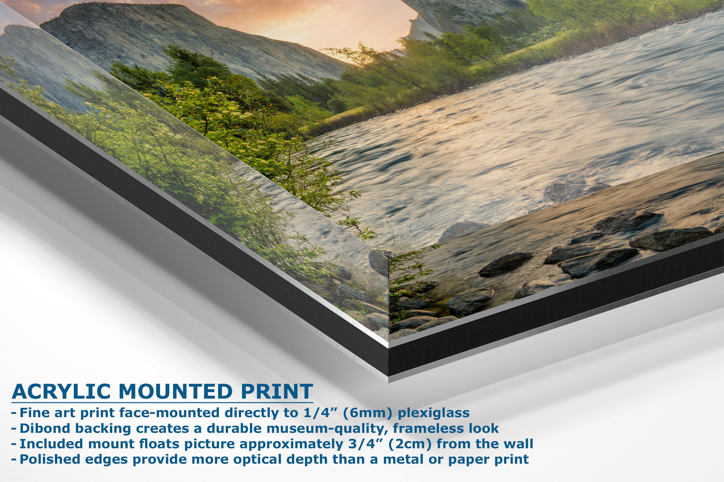 Acrylic mounted art print of a forest stream scene, shown at an angle with descriptive text overlays detailing its features and specifications.