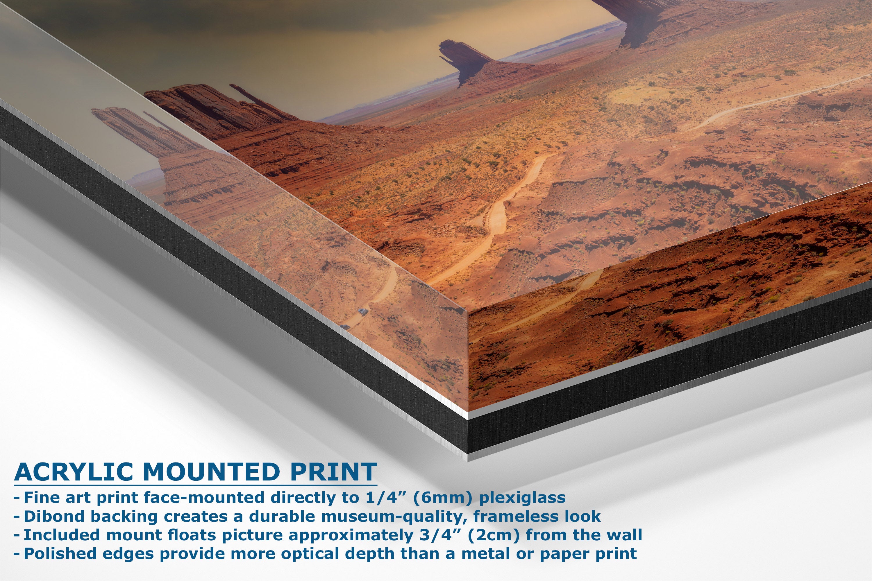 A corner view of an acrylic mounted art print of a desert canyon landscape, showing a close-up of the frame edge and mounting details with descriptive text overlay.