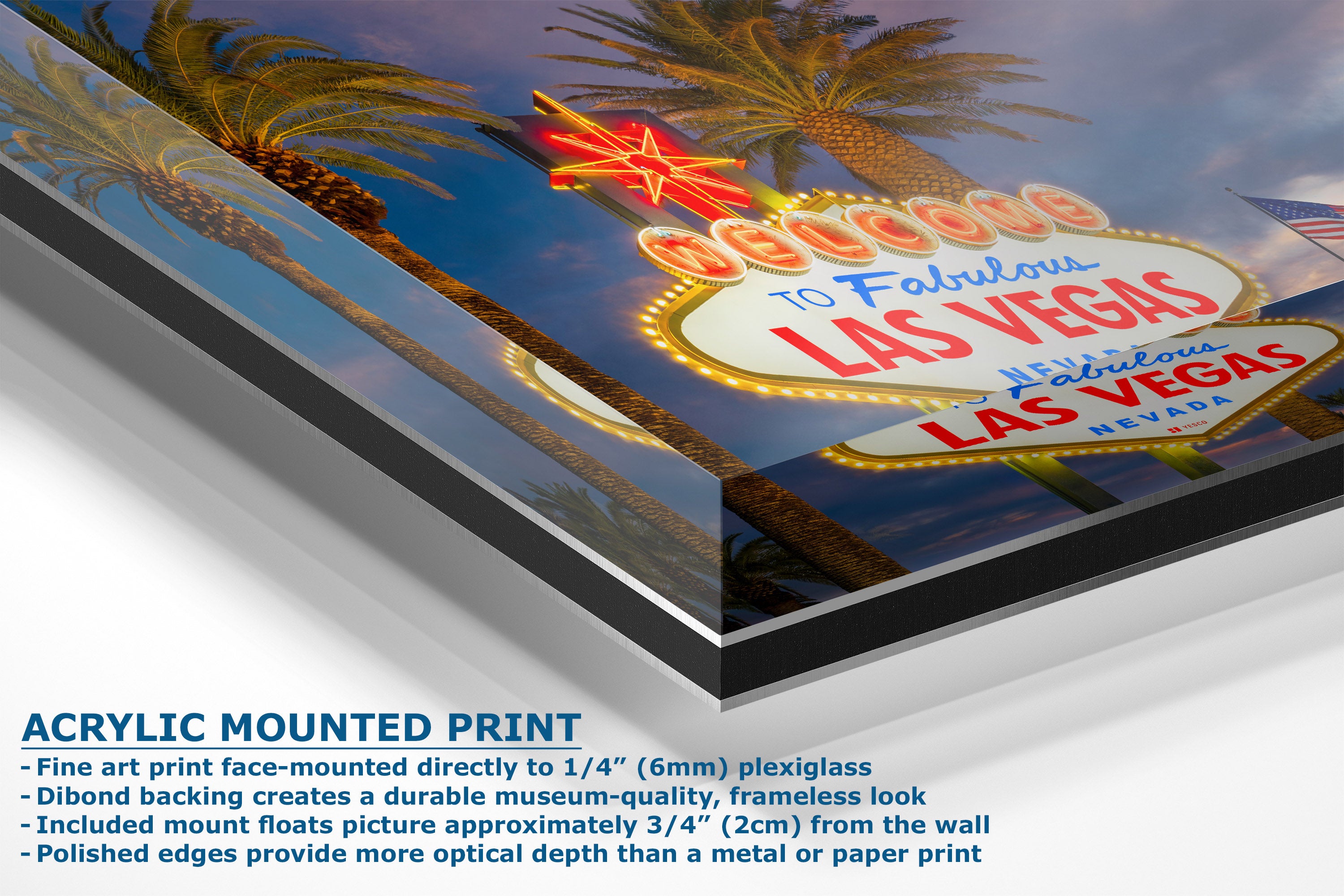 A corner view of an acrylic-mounted print of the Las Vegas sign, shown at an angle with descriptive text on a white background.