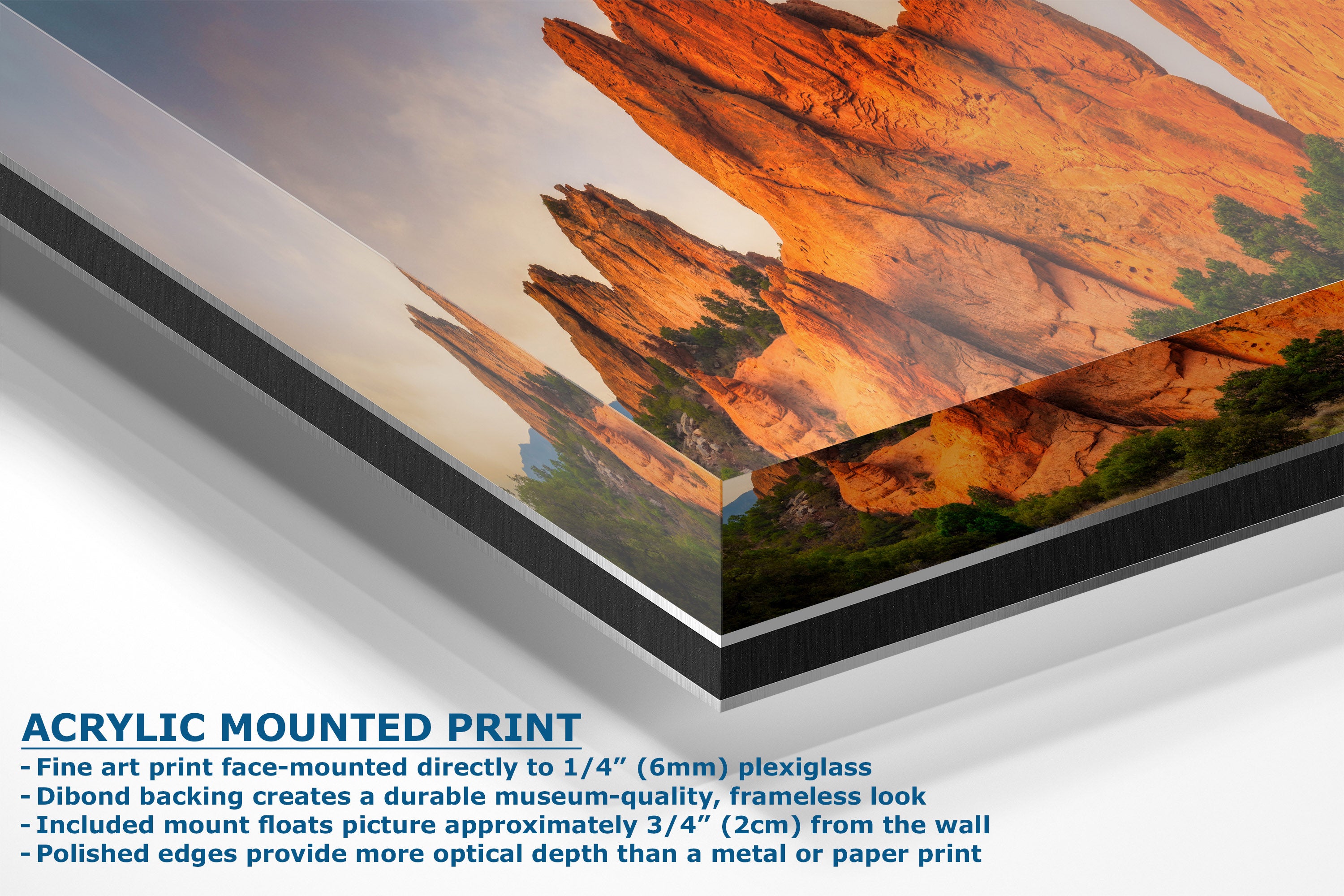 A corner view of an acrylic mounted art print of a desert canyon landscape, showing a close-up angled view of the frame and mounting edge with descriptive text overlay.