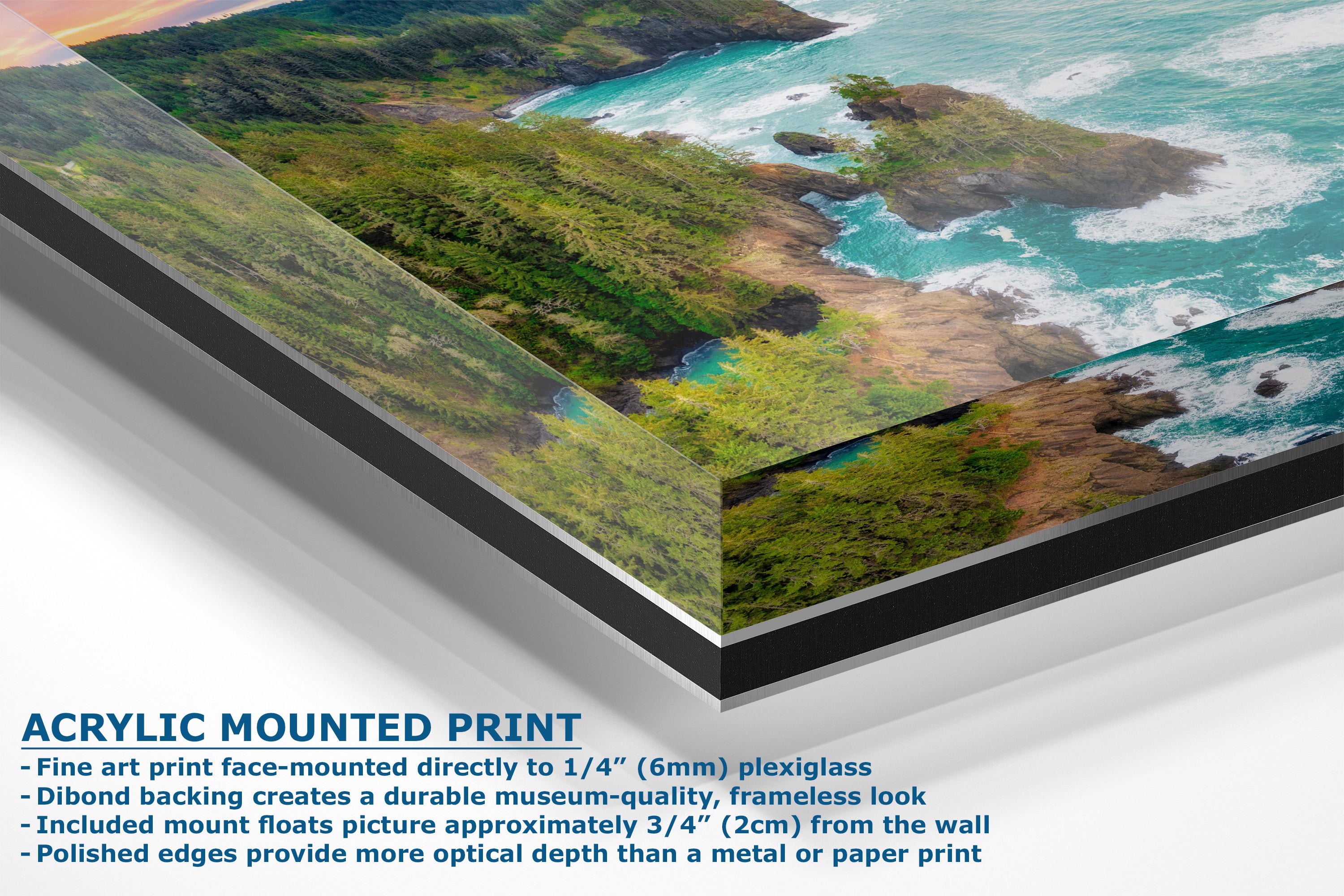 Acrylic mounted wall art print showing a coastal landscape with turquoise ocean waves, green cliffs, and rocky shoreline, presented at an angle with text describing the acrylic mount features.