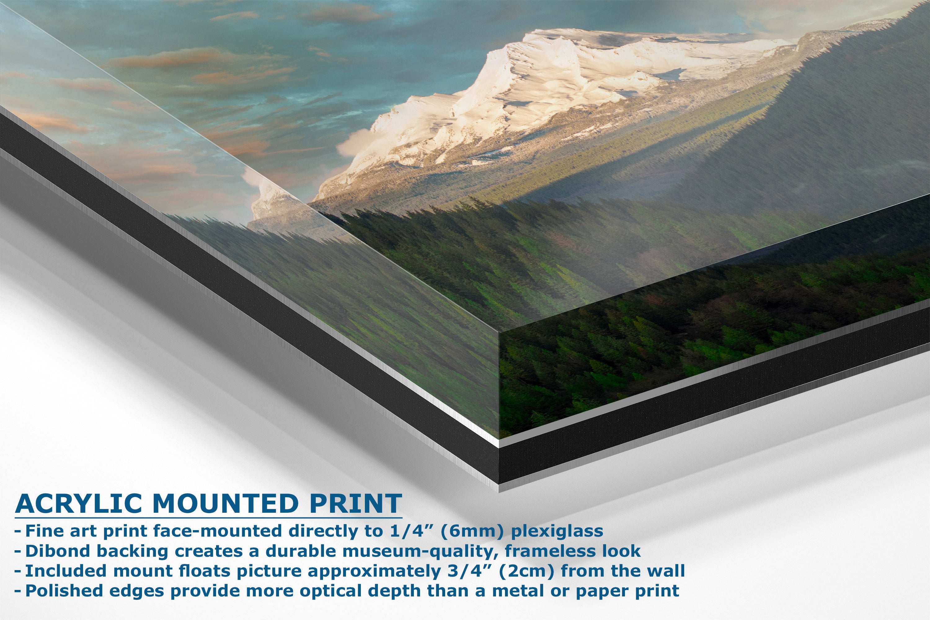 Acrylic mounted art print of a snowy mountain landscape, shown at an angle with descriptive text on a white background.