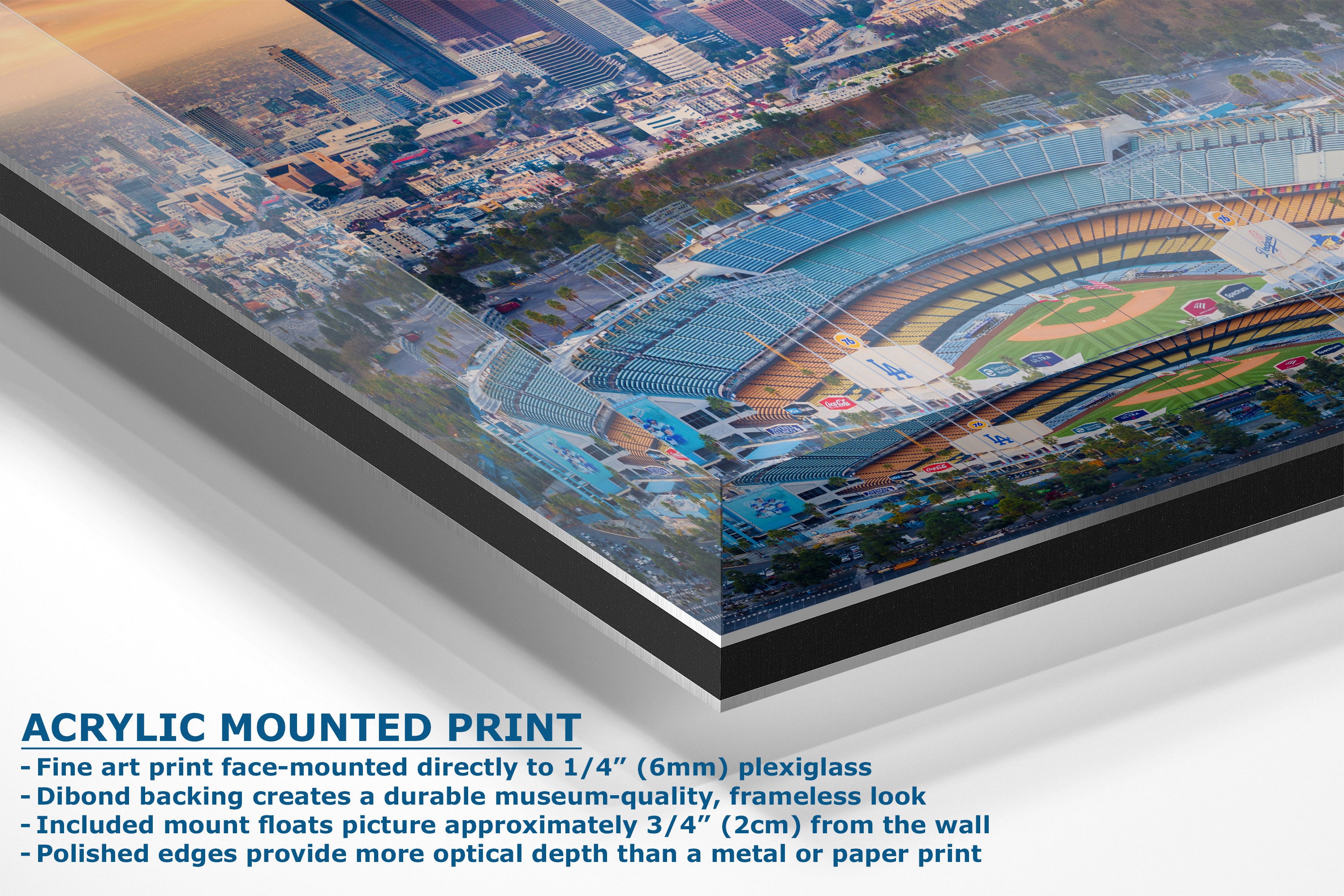 An angled view of an acrylic mounted art print showing an aerial view of a baseball stadium, with descriptive text on the bottom left about the acrylic mount and plexiglass details.