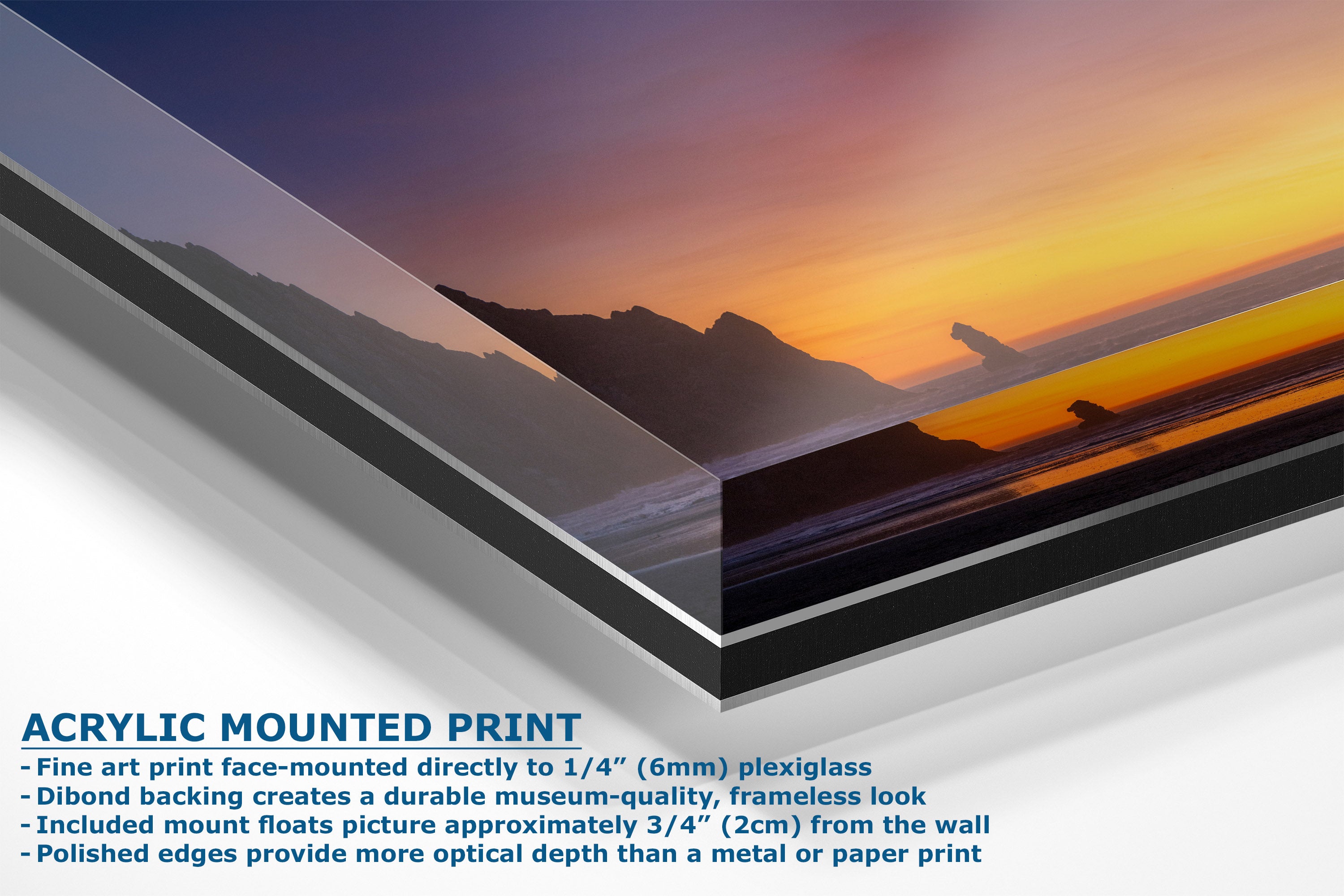 A corner view of an acrylic-mounted art print featuring a sunset landscape over water with mountains, shown at an angle with descriptive text on a white background.