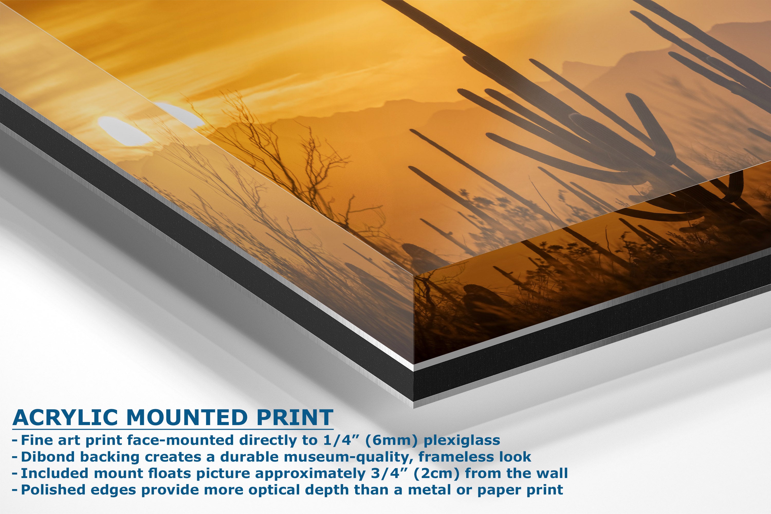 Acrylic mounted art print featuring a desert landscape with cacti under a warm orange sky, shown at an angle with descriptive text overlay detailing its features.