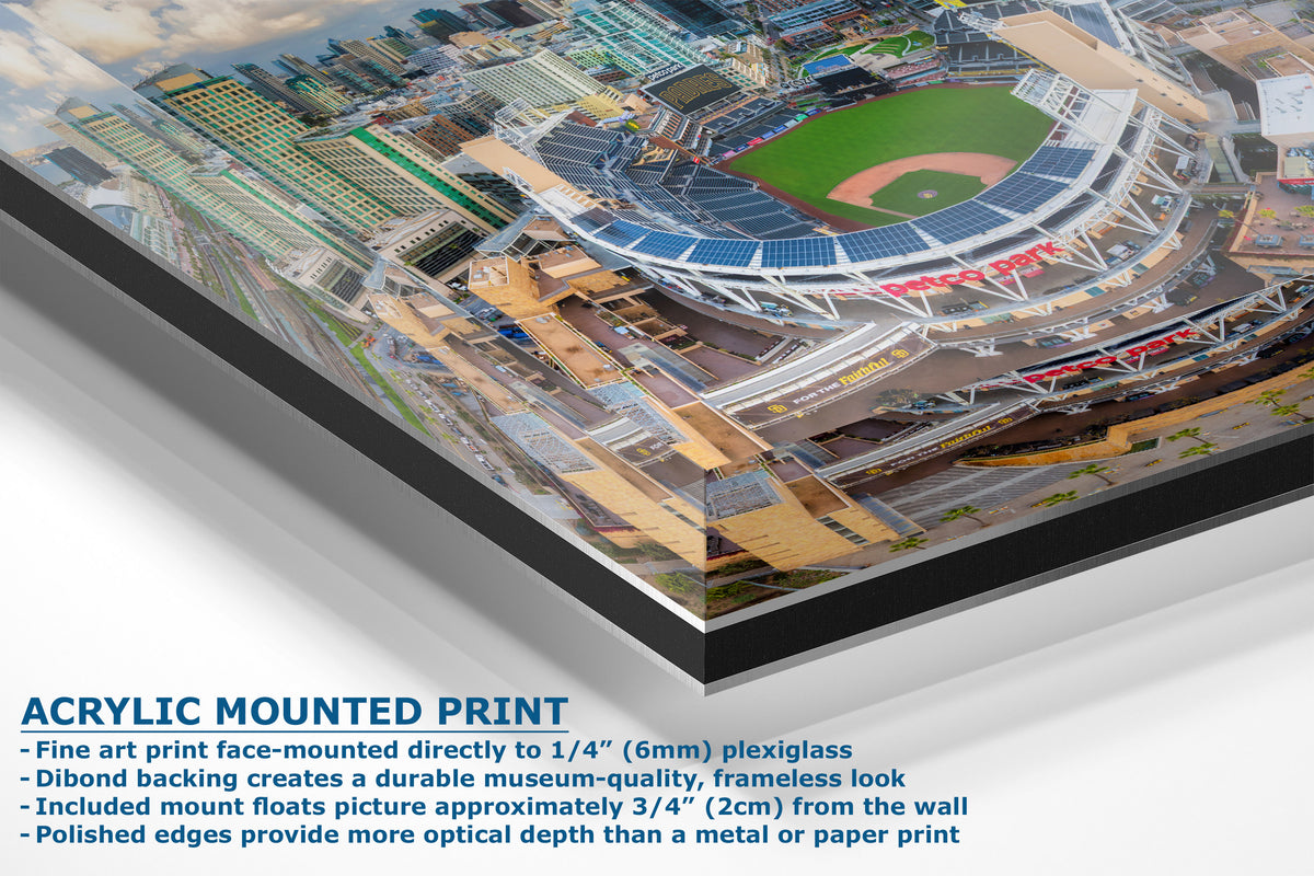 A corner view of an acrylic mounted art print of a baseball stadium aerial view, shown at an angle with descriptive text on a white background.