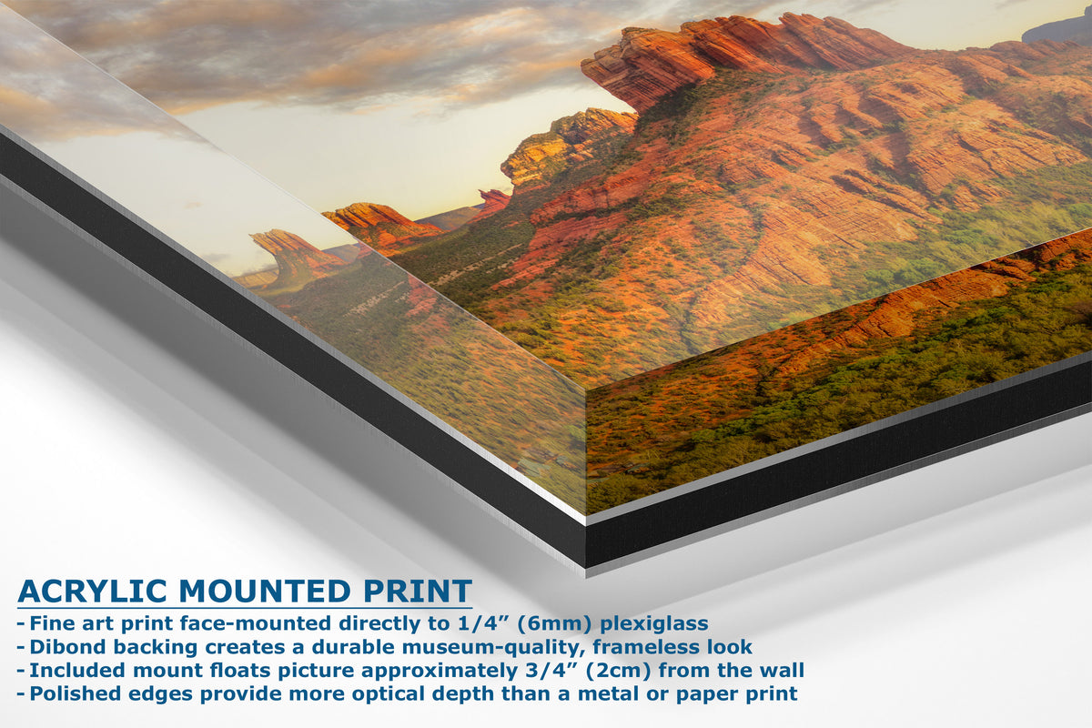 Acrylic mounted art print of a desert canyon landscape, shown at an angle with descriptive text highlighting its 1/4 inch arylic plexiglass thickness and frameless finish.