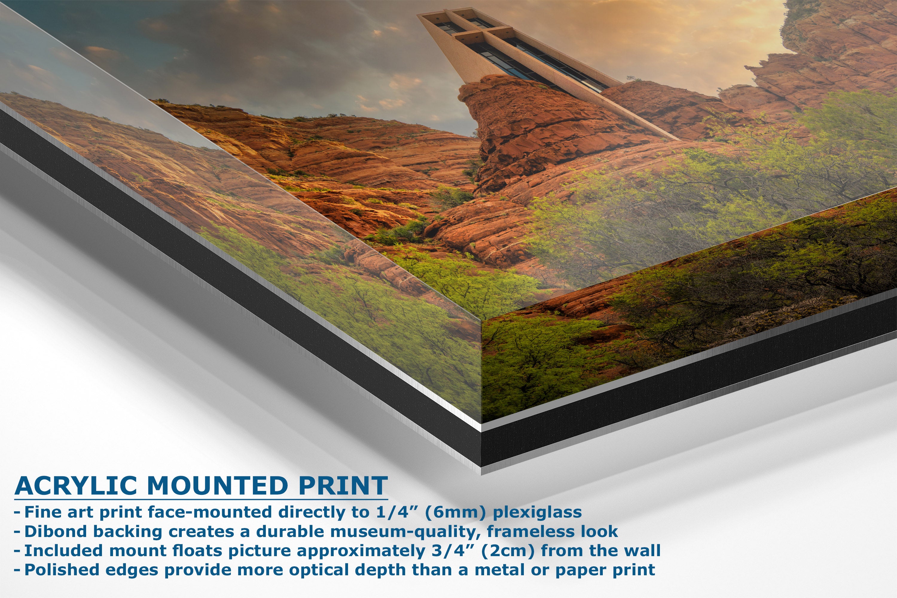 A corner view of an acrylic-mounted art print of a desert canyon landscape with a modern building, shown at an angle with product specifications text overlaid on the bottom left.