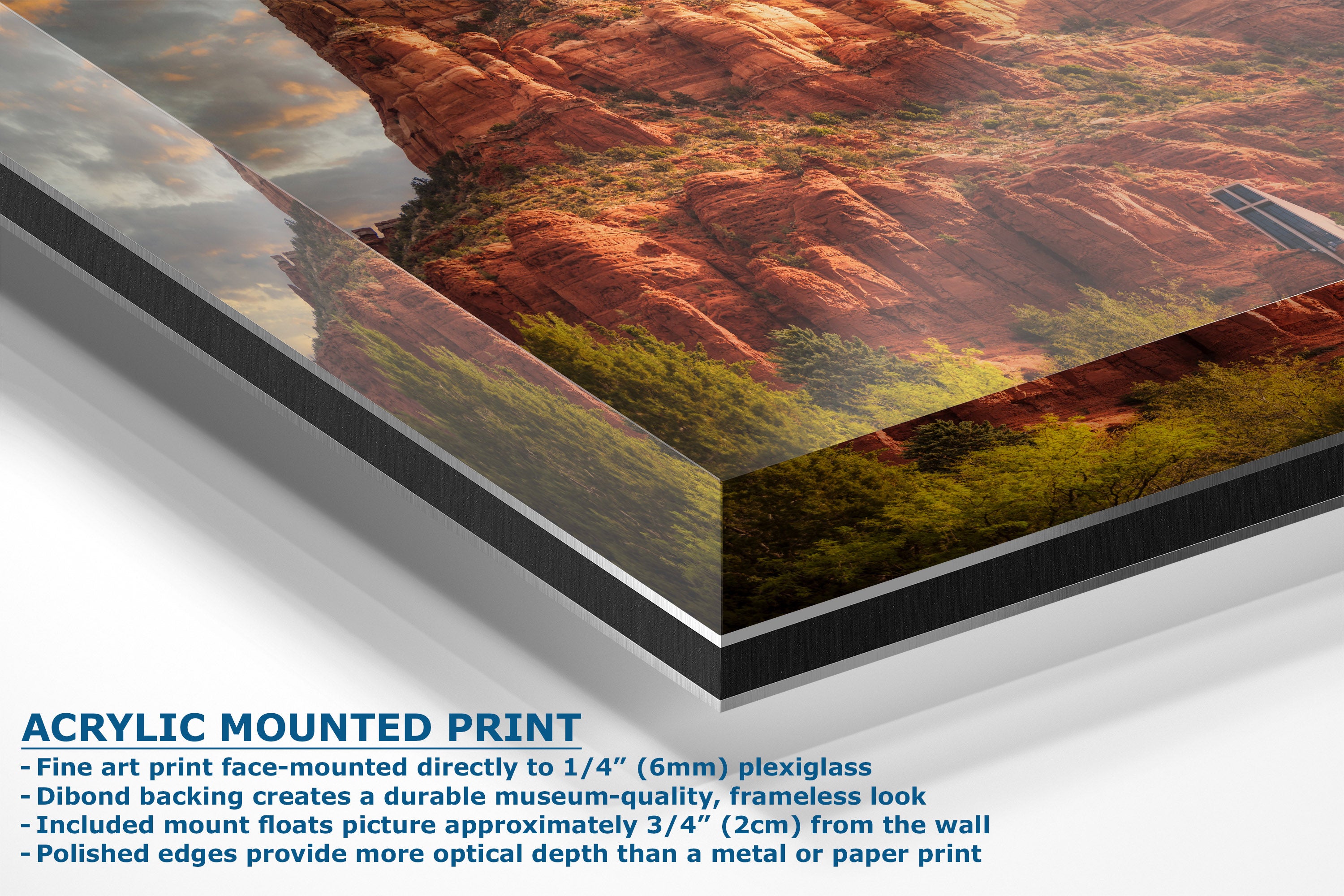 A corner view of an acrylic-mounted art print of a red rock desert landscape, shown at an angle with descriptive text detailing its features and specifications.