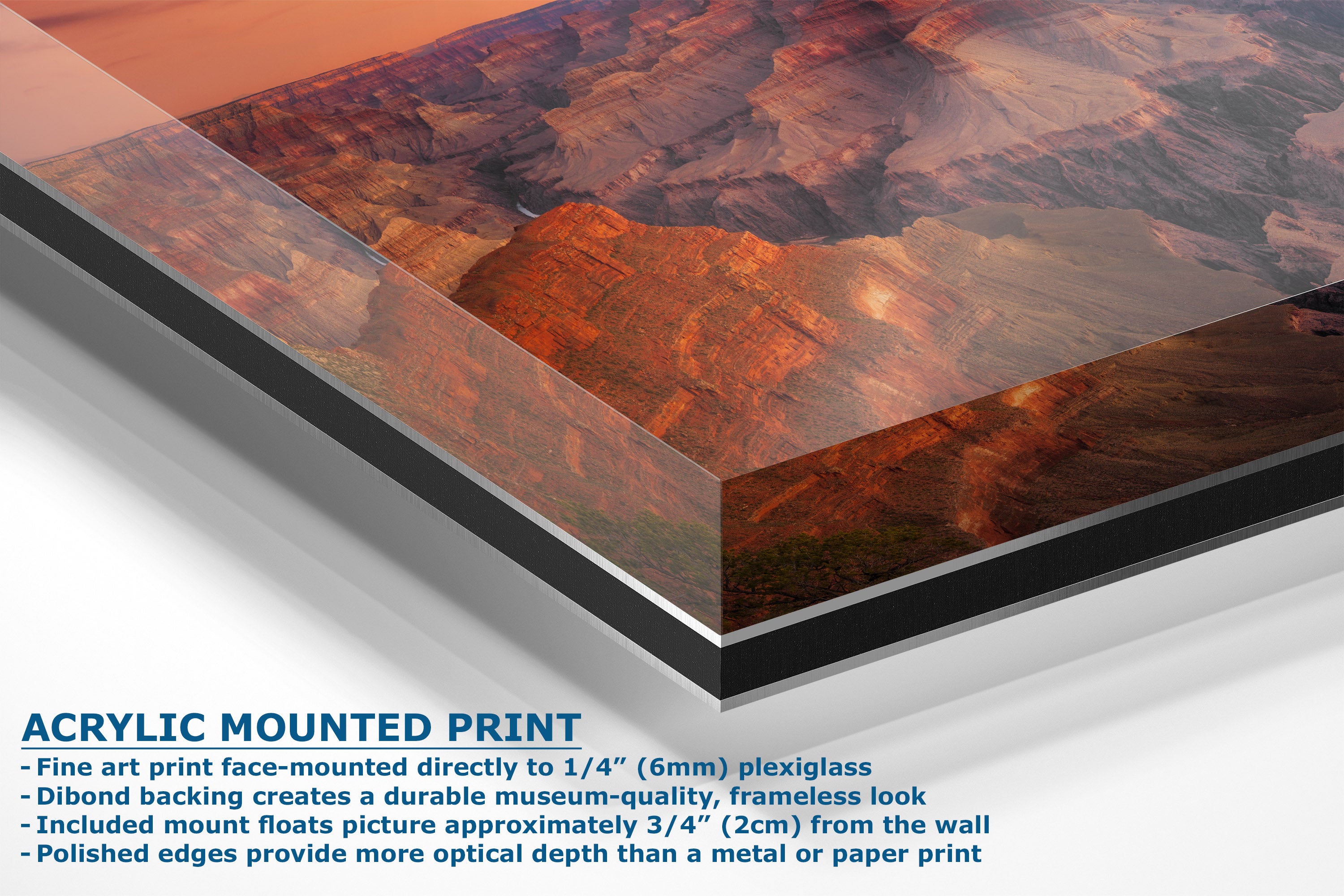 Acrylic mounted art print of a desert canyon landscape, showing the printed print on a clear acrylic panel with a black backing and a white background. Text on the left describes the acrylic mount features.