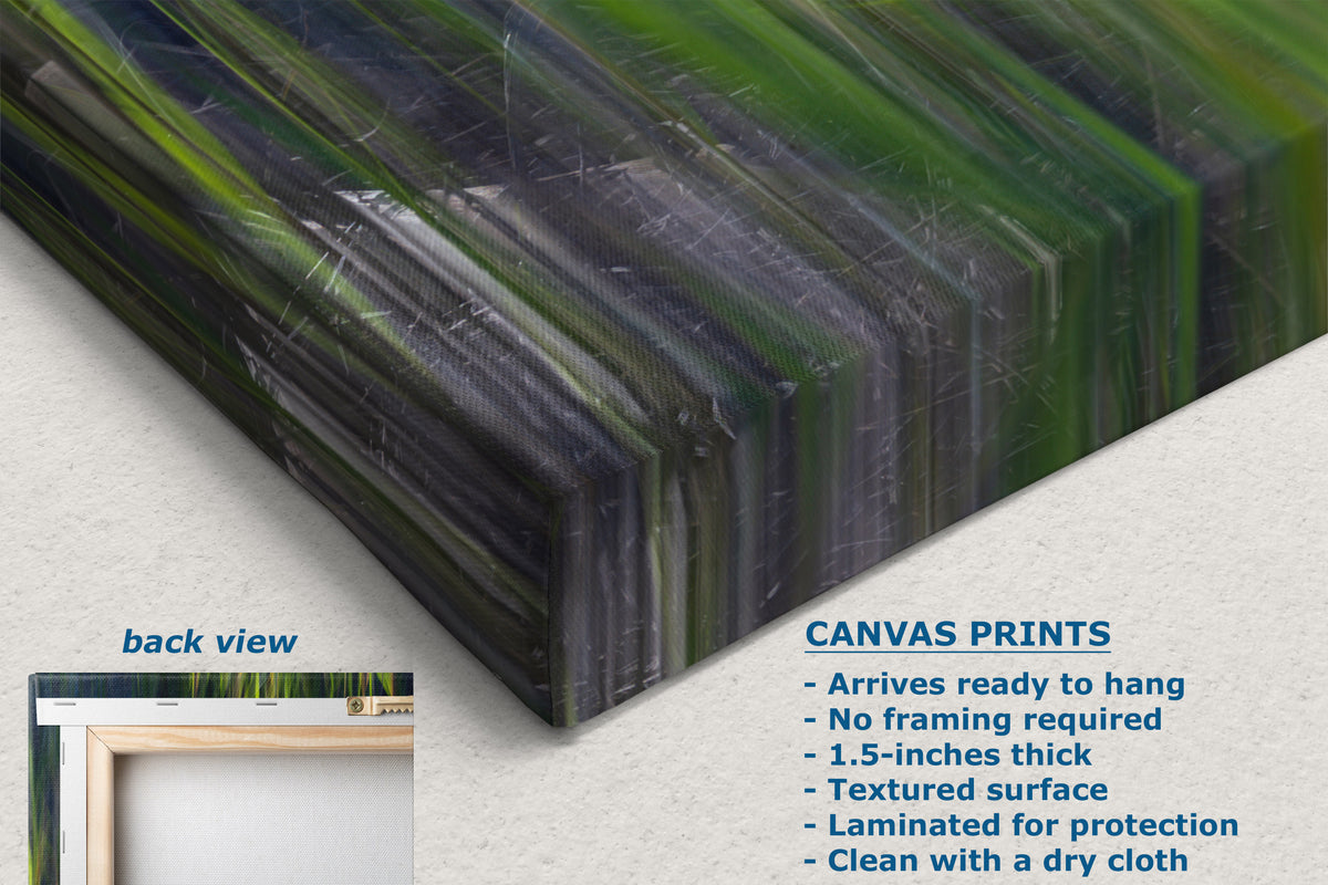 A close-up of a canvas print showing its textured surface and layered abstract design in green, black, and gray. The image includes text detailing product features for canvas prints and a small inset showing the back view with a frame.