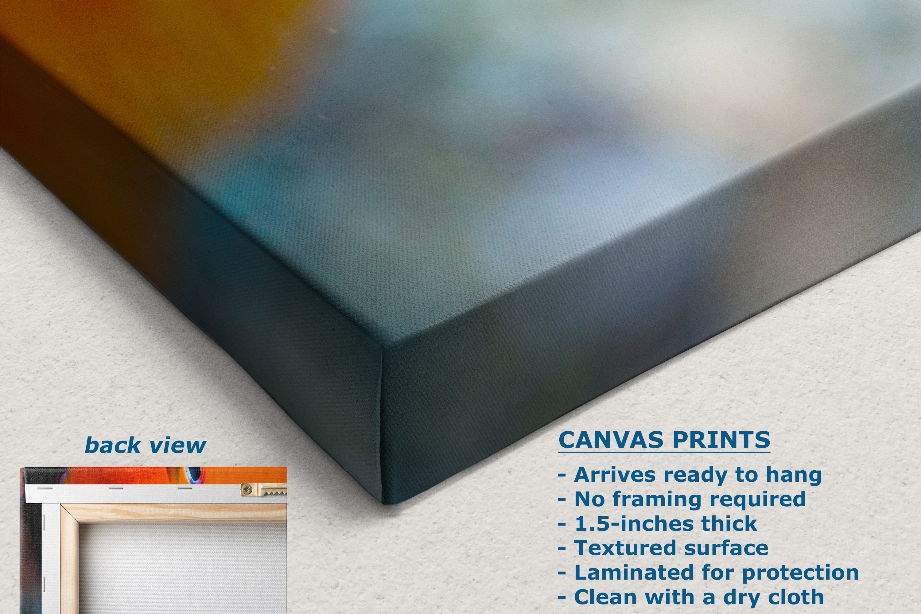 Close-up of a canvas print corner showing the wrapped edge and textured fabric surface, with a small inset labeled back view and text describing canvas print features on a light background.