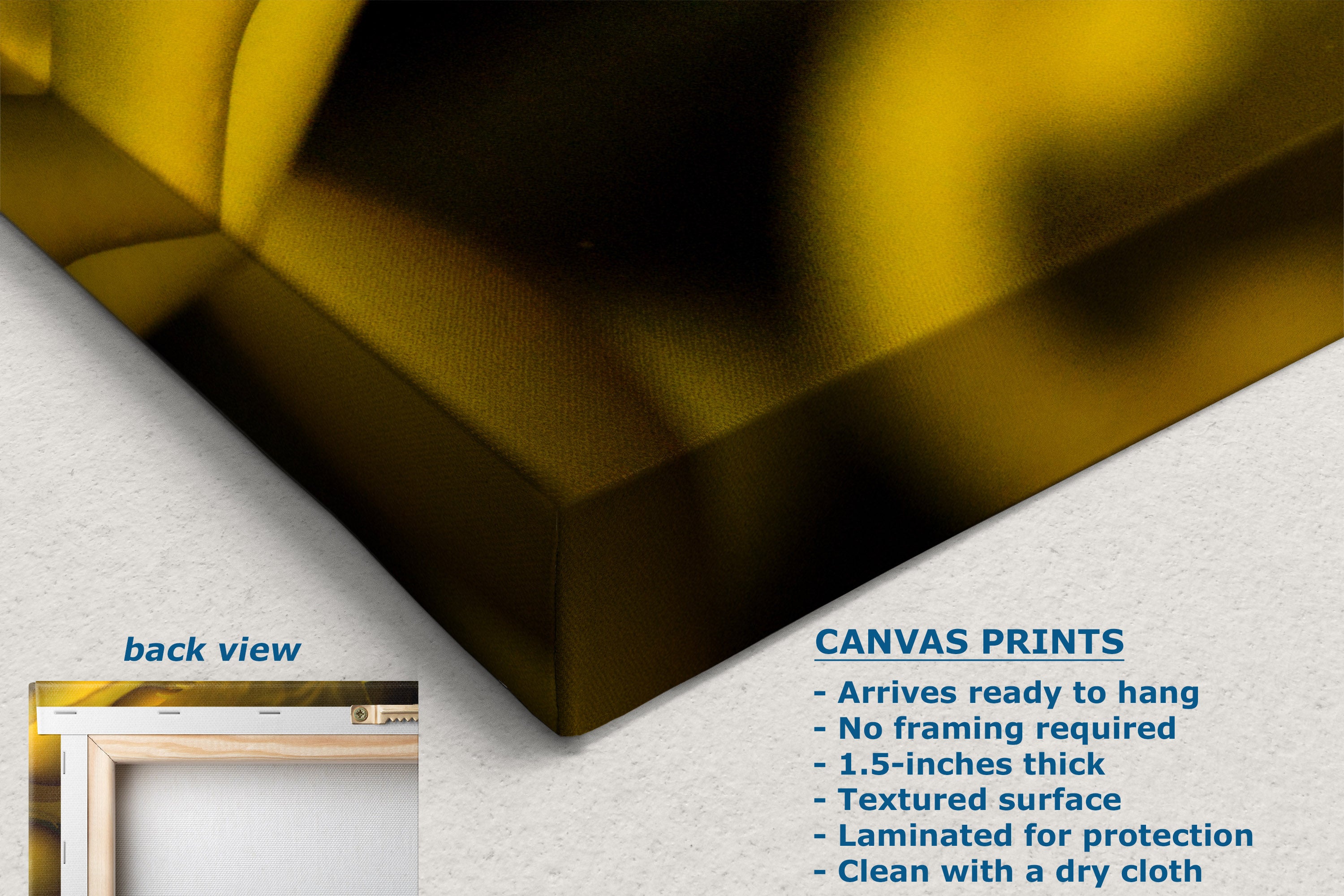 A close-up of a canvas print showing a textured yellow & black fabric corner, with text describing canvas print features and a small inset labeled back view.