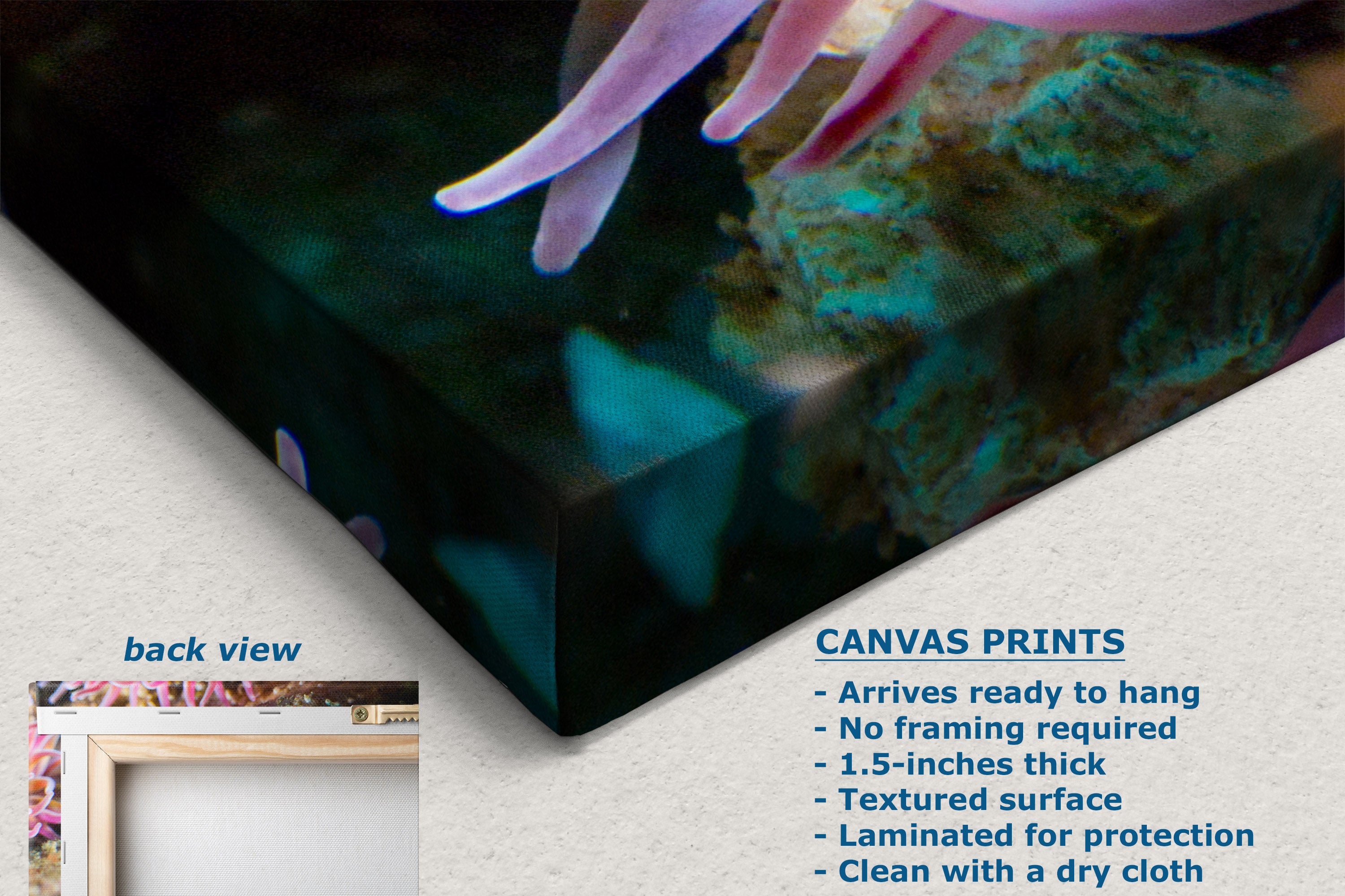 Canvas wall art print shown at an angle with a dark underwater scene featuring purple anemone-like tentacles and green-blue lighting. Text on the image describes the print features, and a small inset shows the back view with a frame.