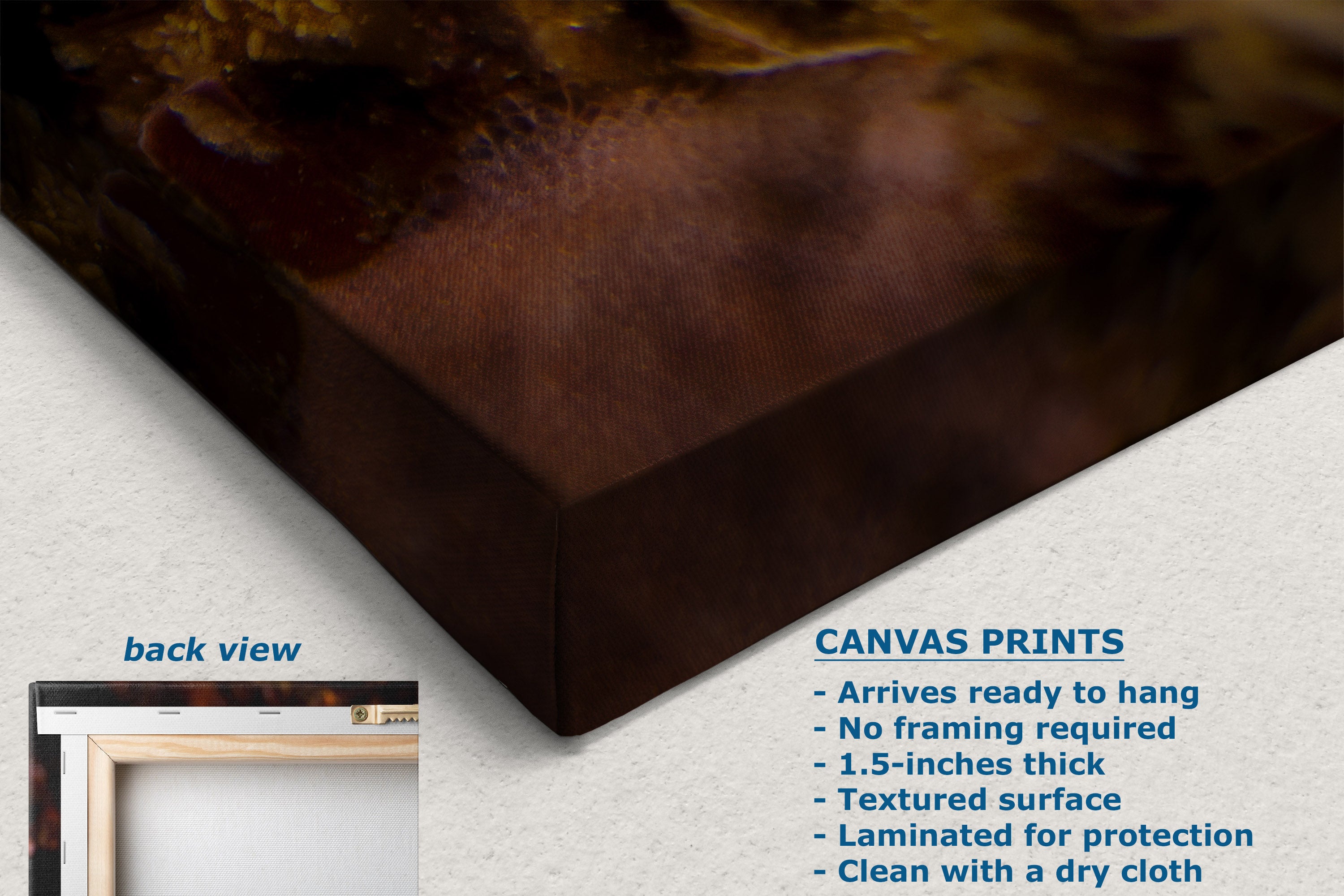 A canvas wall art print shown at an angle on a light textured background, with a small inset labeled 'back view' and text describing canvas print features. The visible artwork has a dark brown and black abstract design with warm brown highlights.