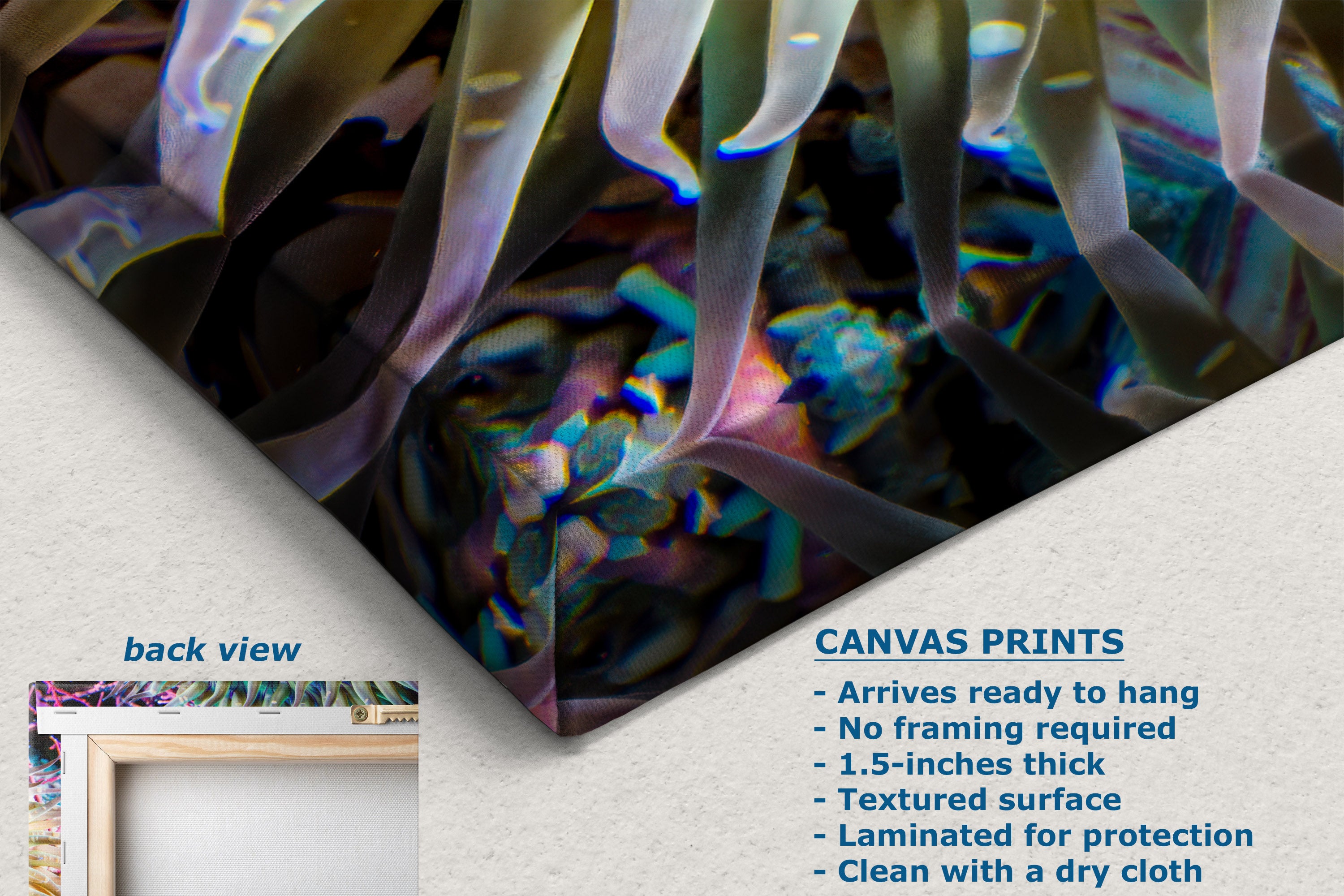 Canvas wall art print showing an abstract close-up of iridescent purple and blue leaf-like forms, displayed on a light wall with text callouts describing the print and a small inset labeled back view.