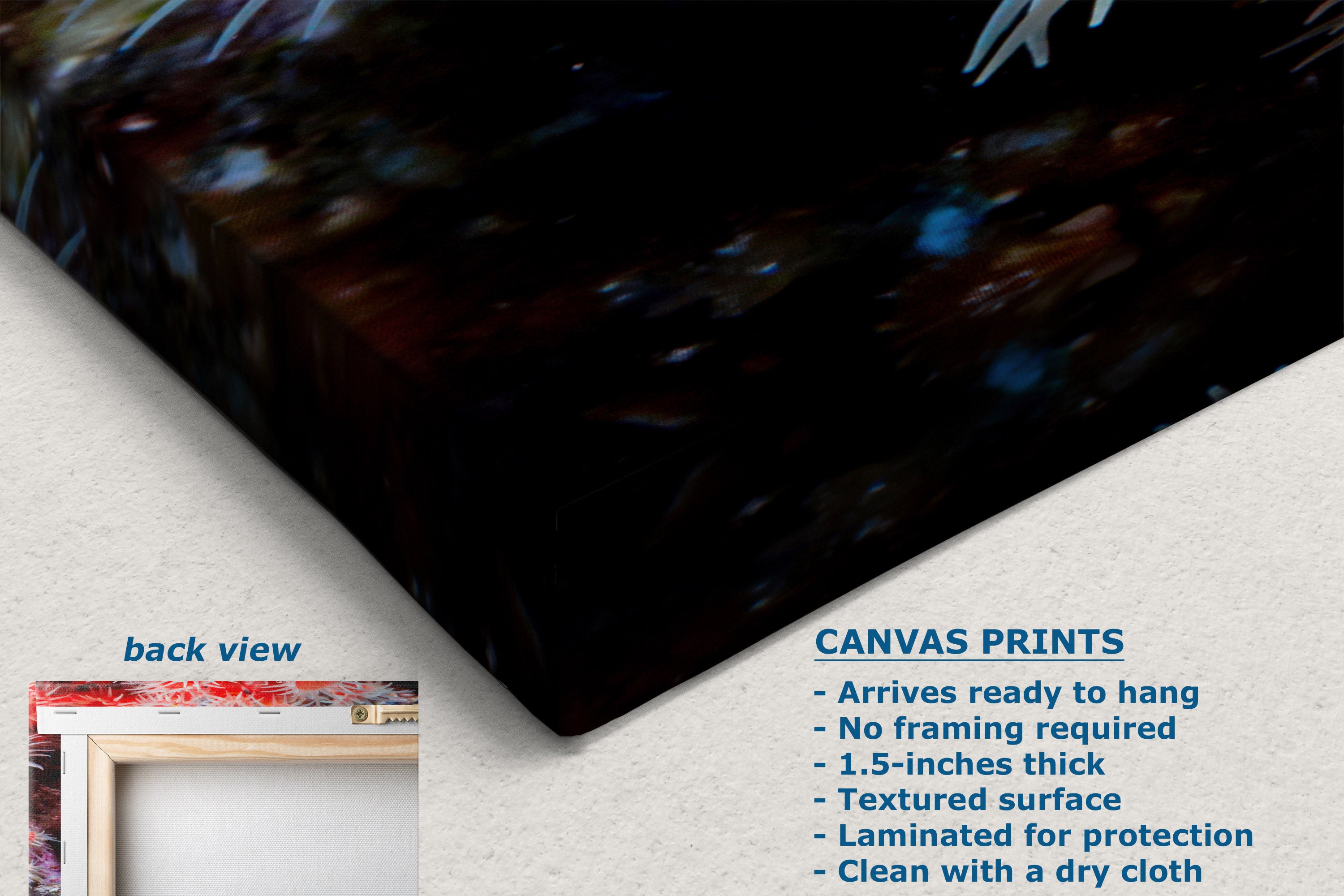 A canvas print product mockup showing a dark abstract artwork from an angled perspective, with a small inset labeled 'back view' showing the framed edge. Text on the right lists product details: canvas prints, arrives ready to hang, no framing required.