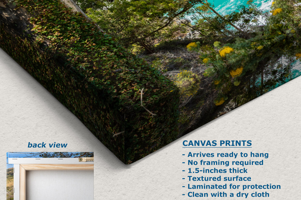 A corner view of a canvas print product mockup showing a nature scene wrapped around the canvas, with a small inset labeled back view and text listing features such as textured surface, 1.5-inch thickness, and ready-to-hang presentation.