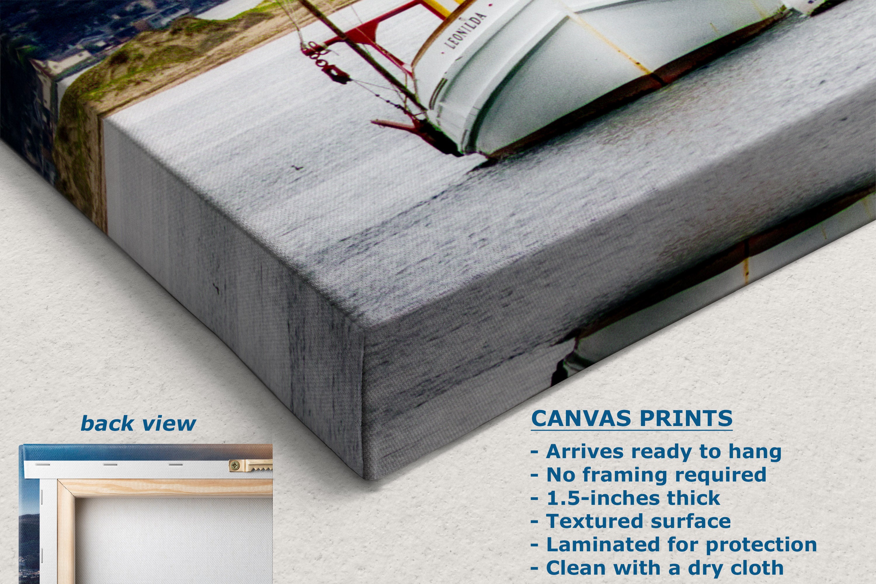 Canvas wall art print shown at an angle with a textured gray surface and a partial sailboat scene. Text on the image includes 'back view' and product details for canvas prints, on a light neutral background.