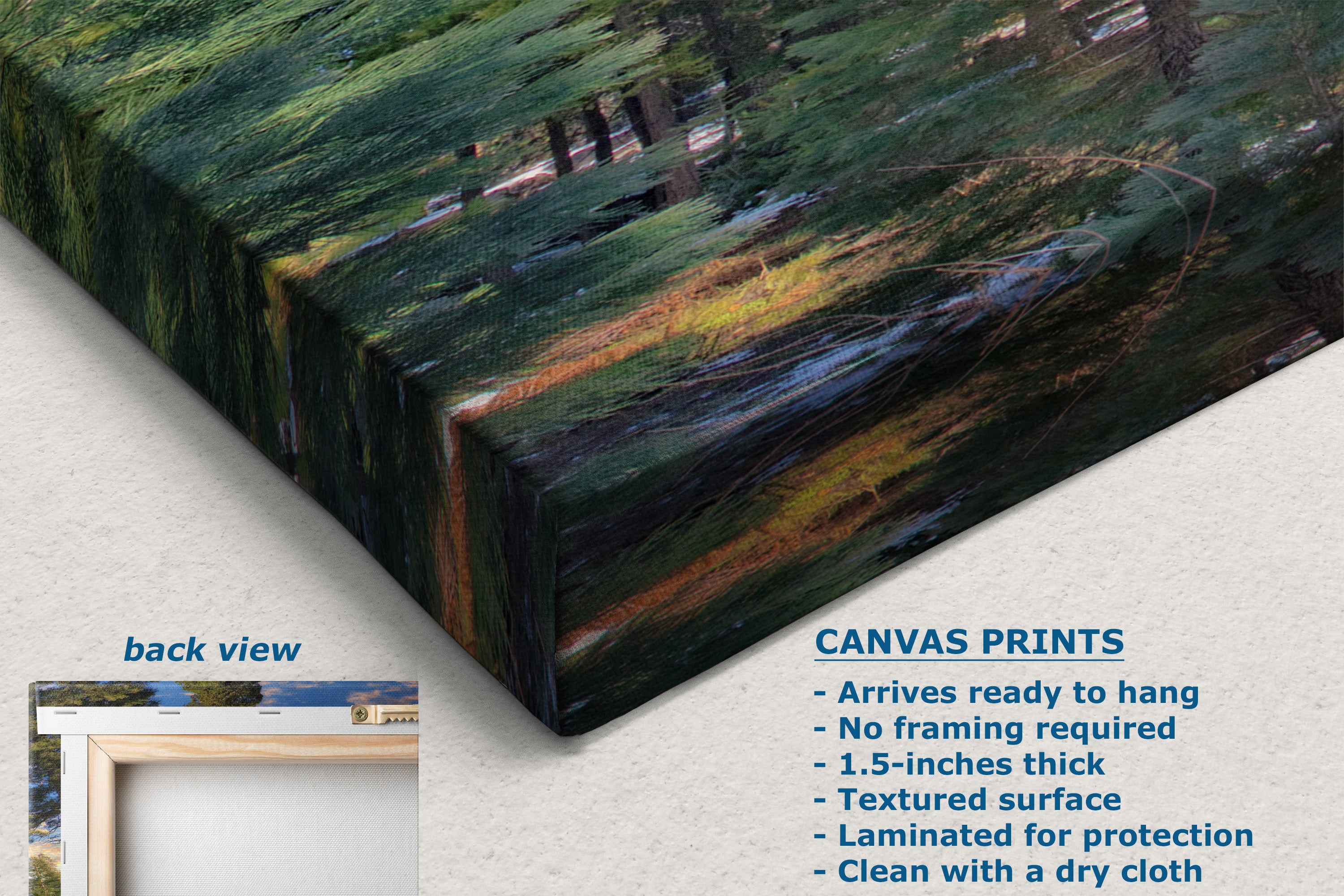 A canvas wall art print showing an impressionistic forest scene in green, brown, black, and blue tones, displayed at an angle with a small inset labeled back view and product text describing the canvas print features.