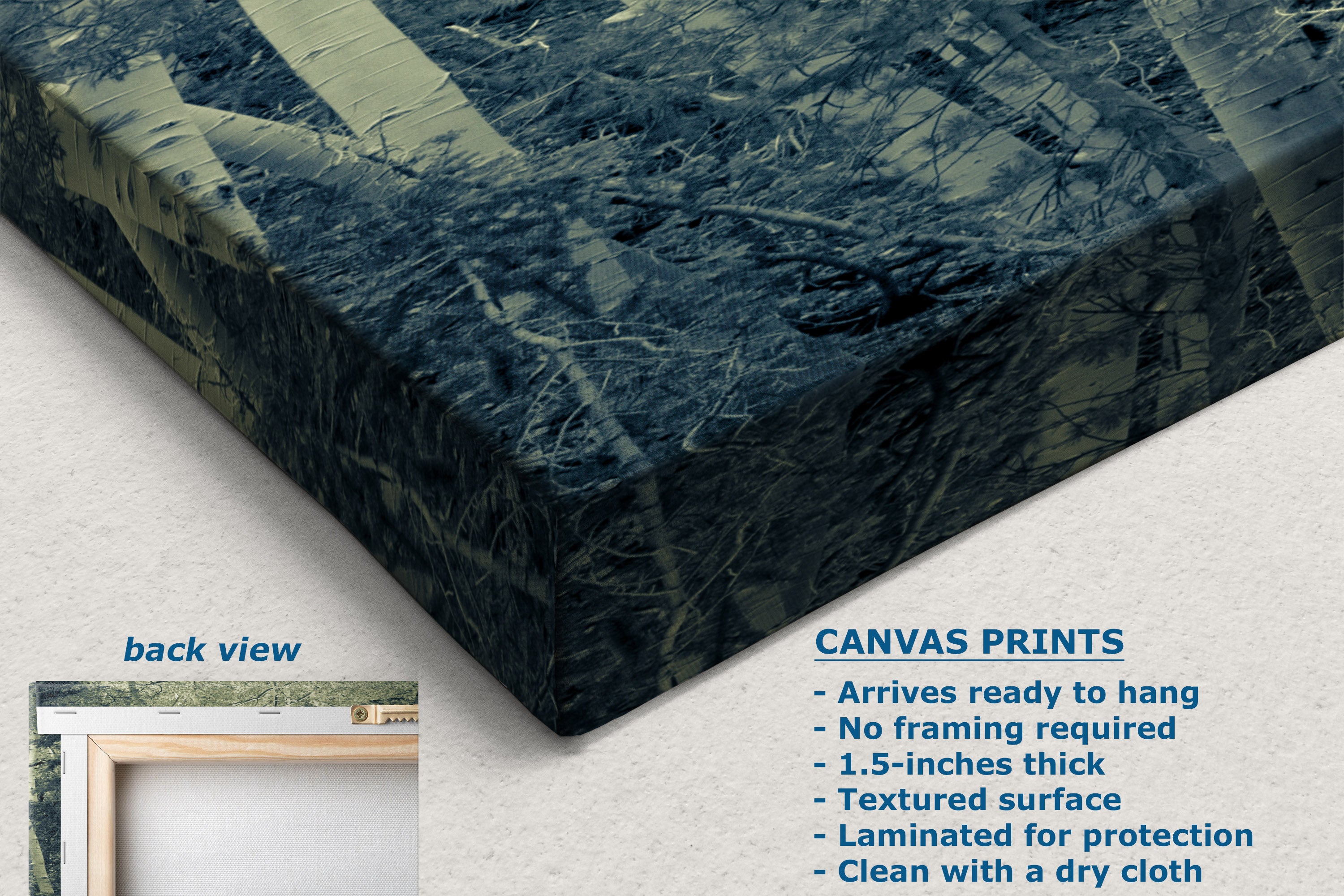 A canvas wall art print shown at an angle on a light neutral background, with text describing the print's back view and product features. The artwork depicts a dark blue and green forest scene with pale tree trunks.