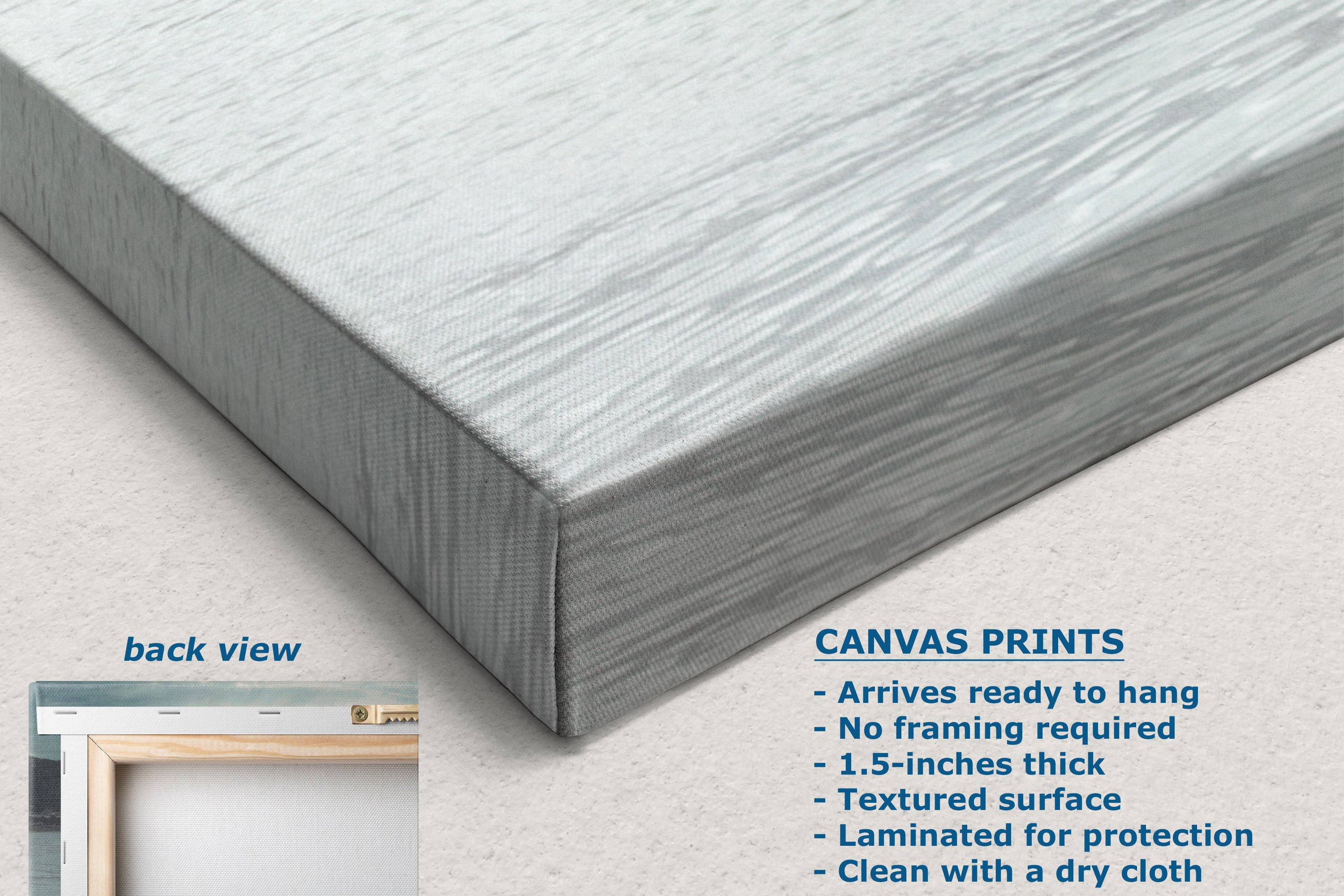 A textured canvas print shown at an angle, displaying its light gray fabric texture and wrapped edge. The image includes a small inset labeled 'back view' showing a frame, and a text block detailing product features for canvas prints.