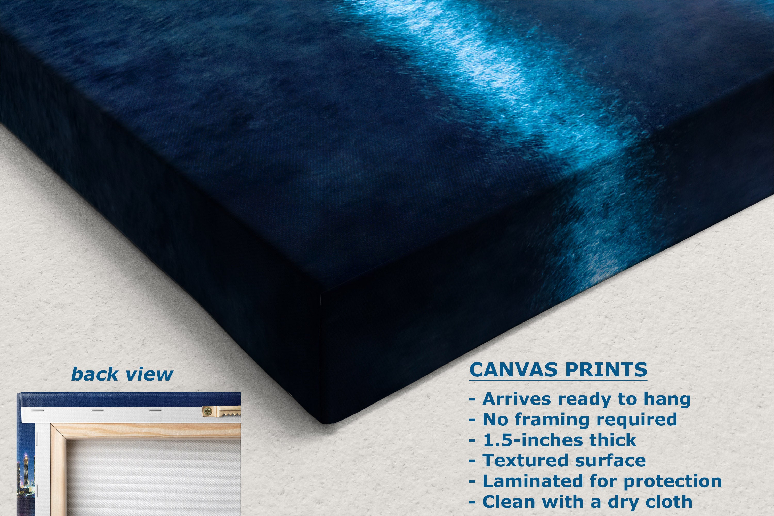 A canvas wall art print shown at an angle on a light textured background, with text describing the print features and a small inset labeled back view showing a framed mockup.
