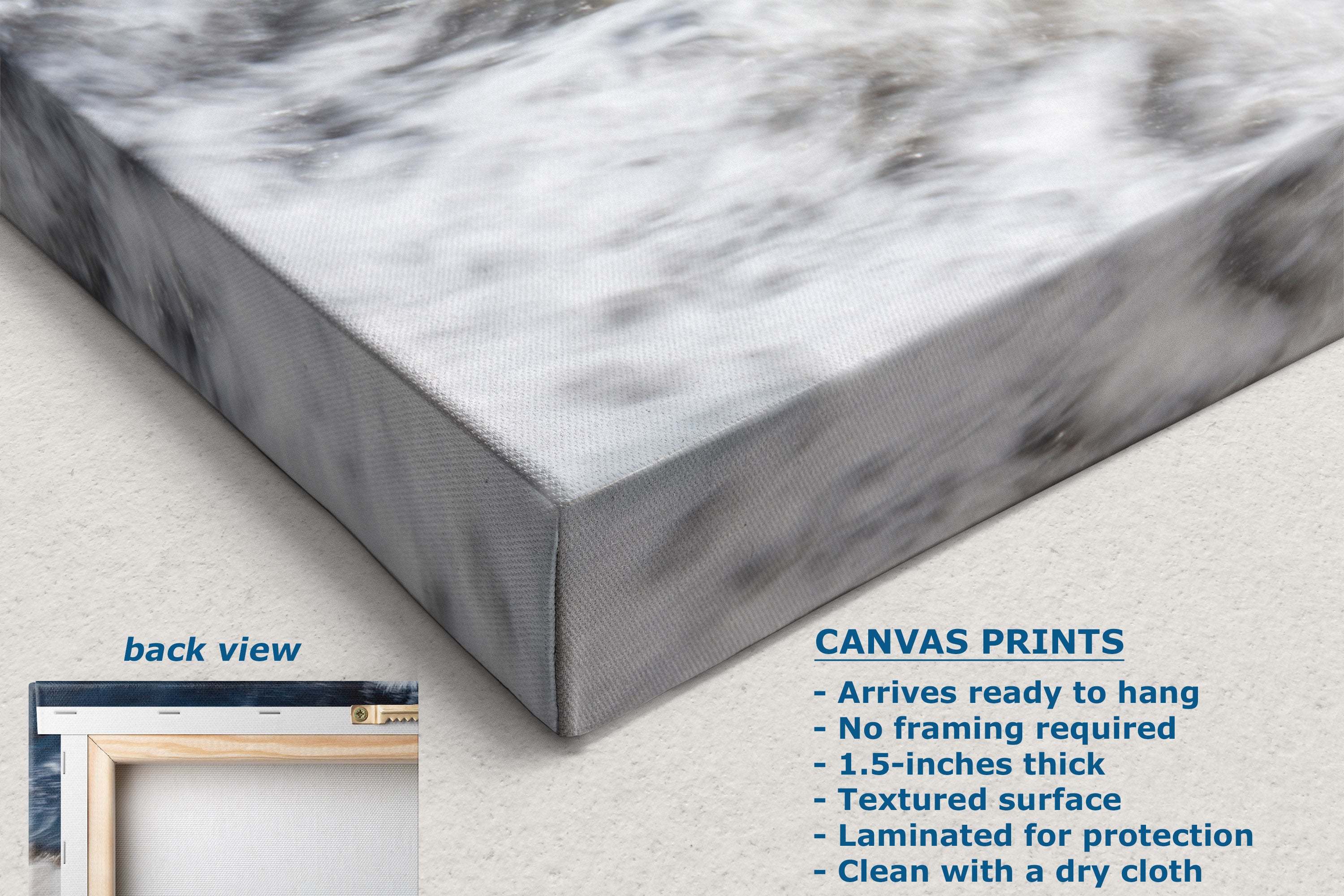 A close-up of a canvas wall art print showing the front and side of a rectangular canvas with a gray and white marble pattern. Text on the image describes the canvas print features, and a small inset shows the back view with a frame.