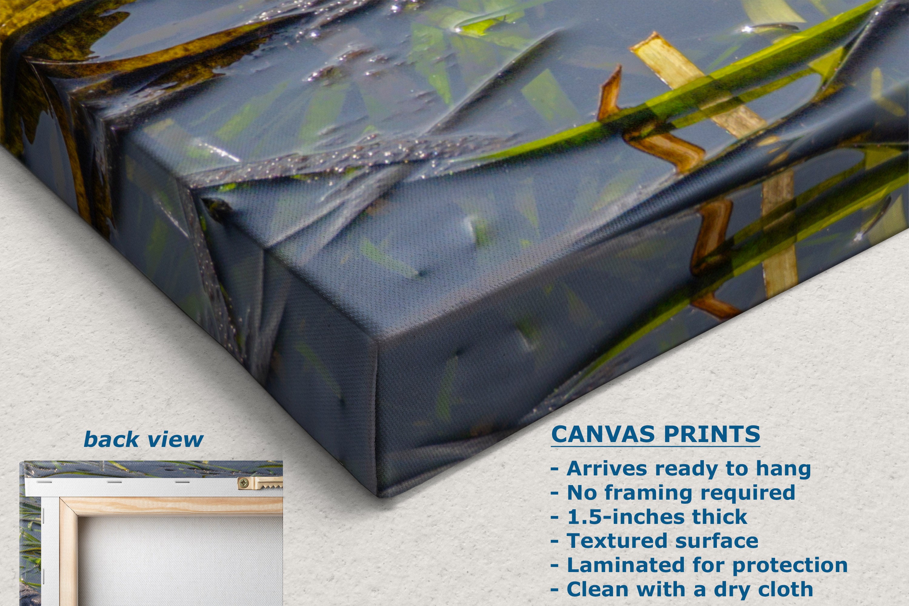 A close-up of a wrapped canvas print showing a textured abstract design with blue-gray tones, green and yellow plant-like streaks, and water droplets. Text on the image describes the canvas print features.