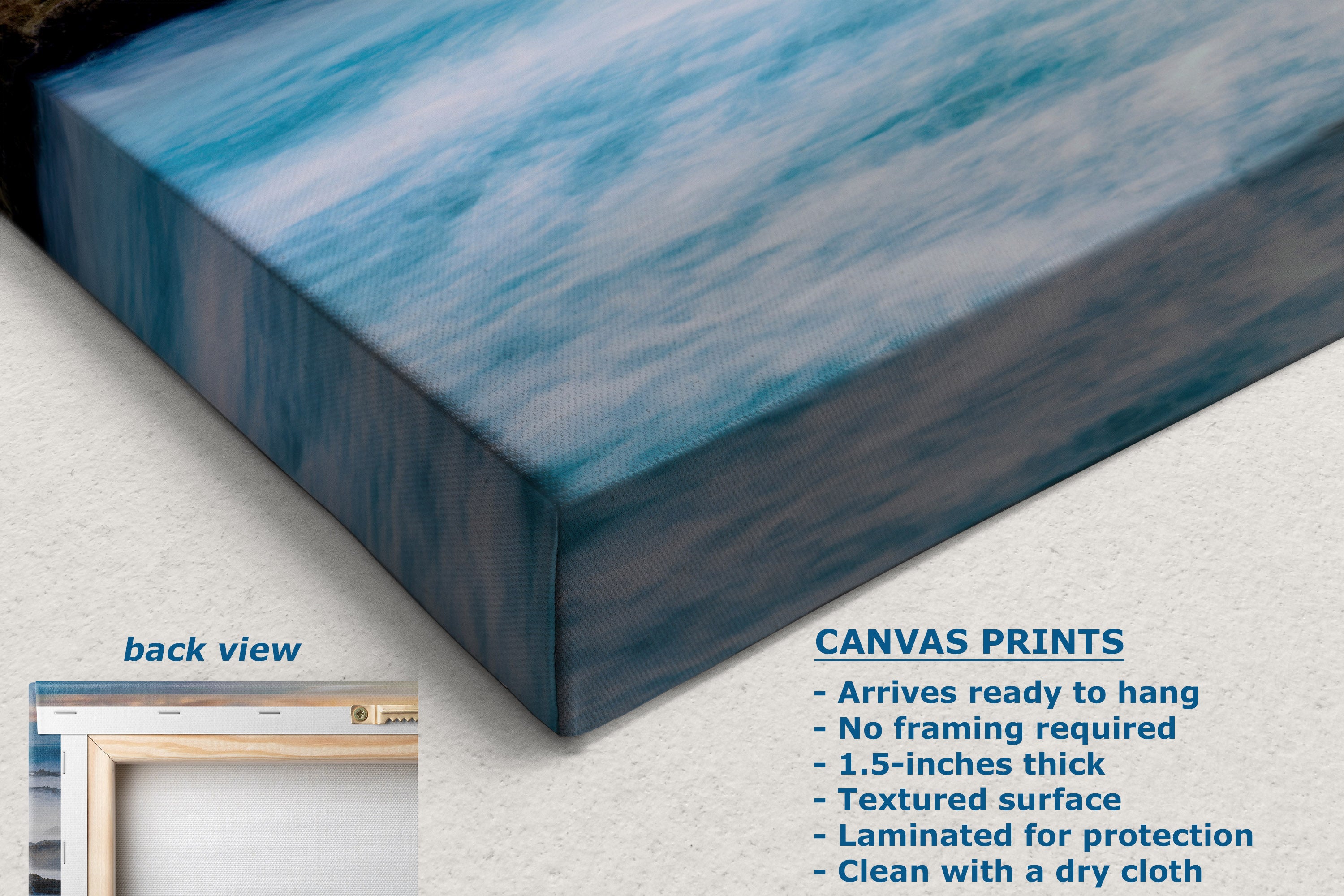 A canvas wall art print shown at an angle, featuring a blue and white ocean wave pattern. The image includes a small inset labeled 'back view' showing a framed canvas, plus text describing canvas print features such as arriving ready to hang.