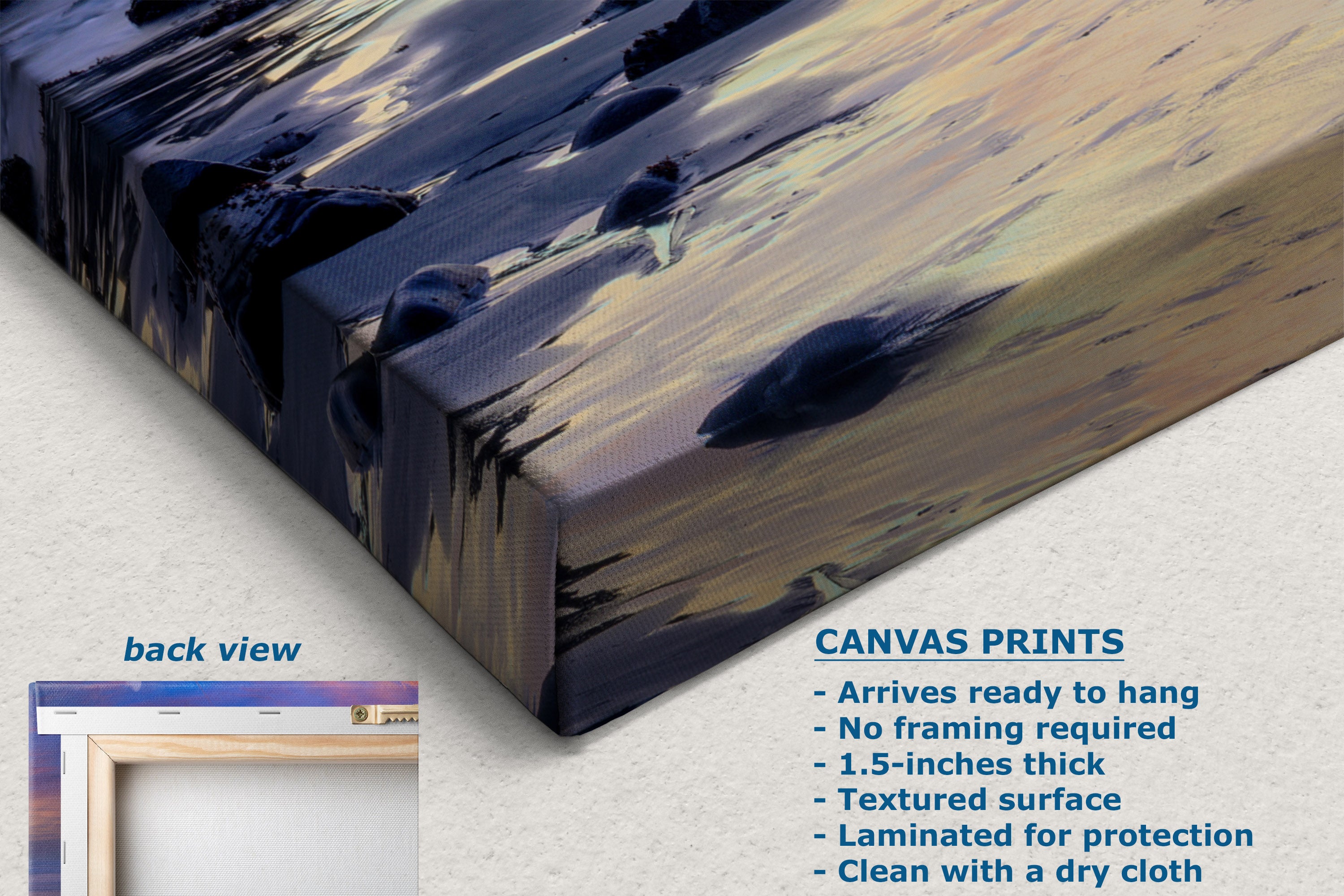 Canvas wall art print shown at an angle with a textured abstract seascape design in dark blue, black, and warm beige tones. The image includes a small inset labeled 'back view' and text describing canvas print features such as arriving ready to hang.