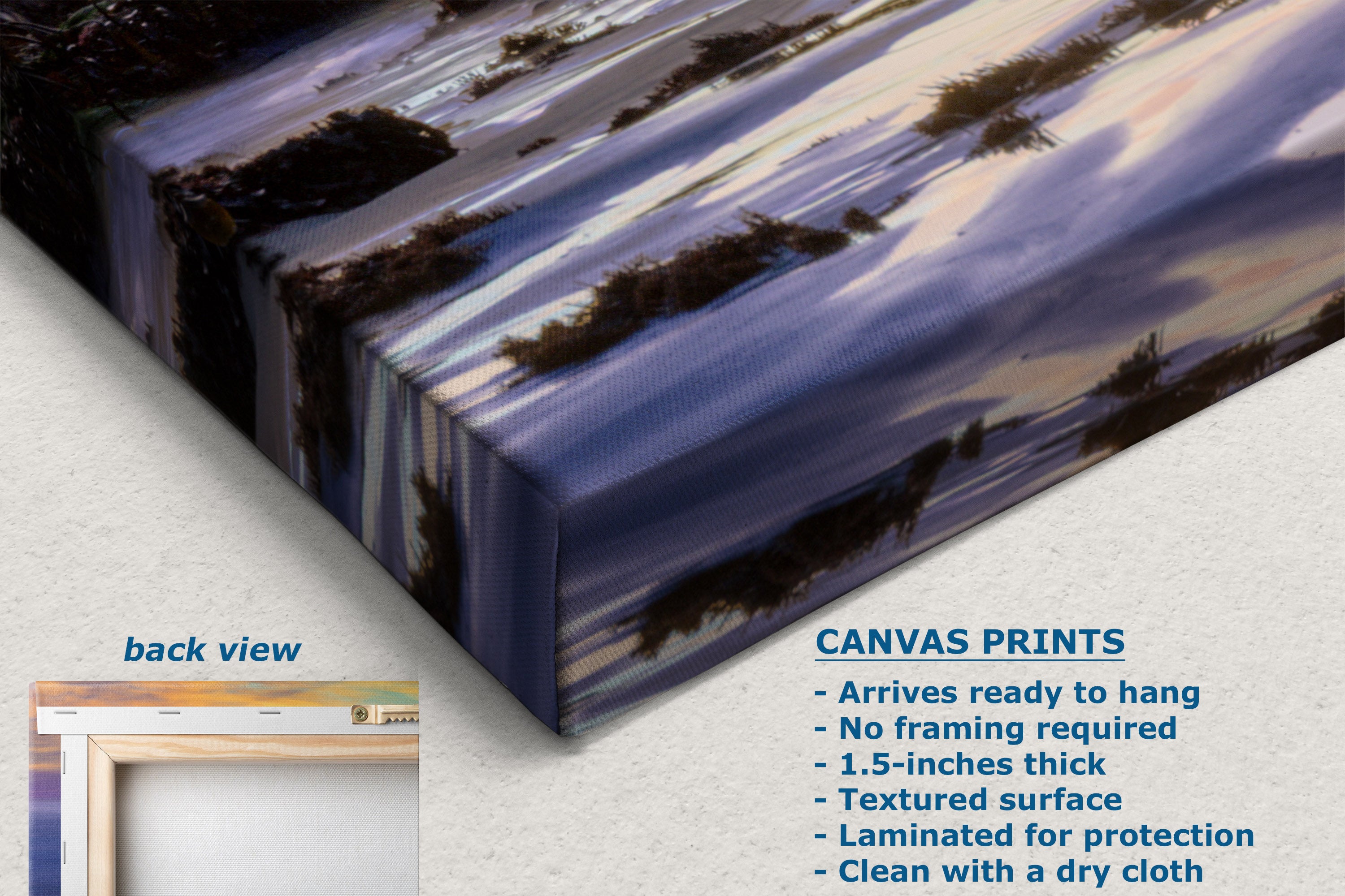 A canvas print showing the corner angle and depth of the artwork. Text on the image describes the canvas print features, including a textured surface.