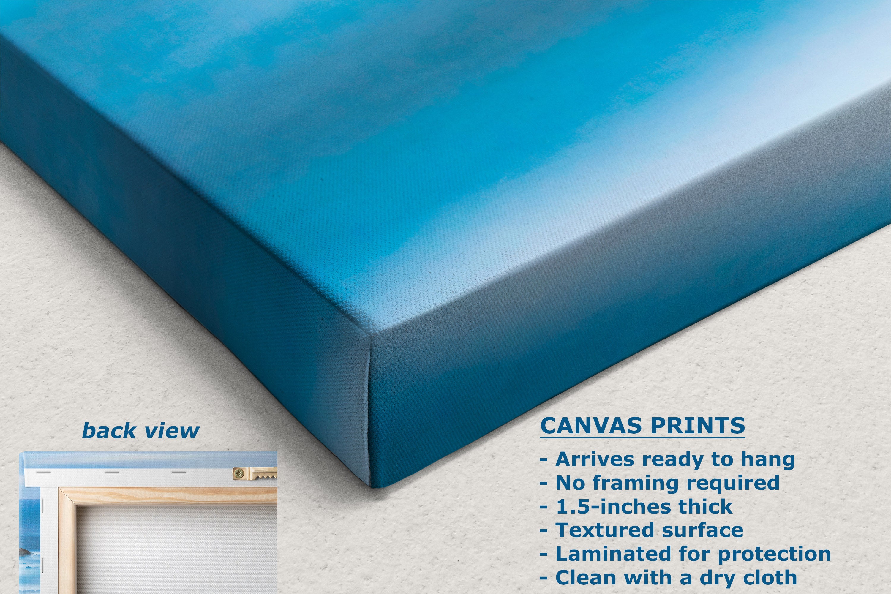 A close-up of a blue canvas print showing the wrapped edge and textured surface, with text listing features of canvas prints and a small inset labeled back view.