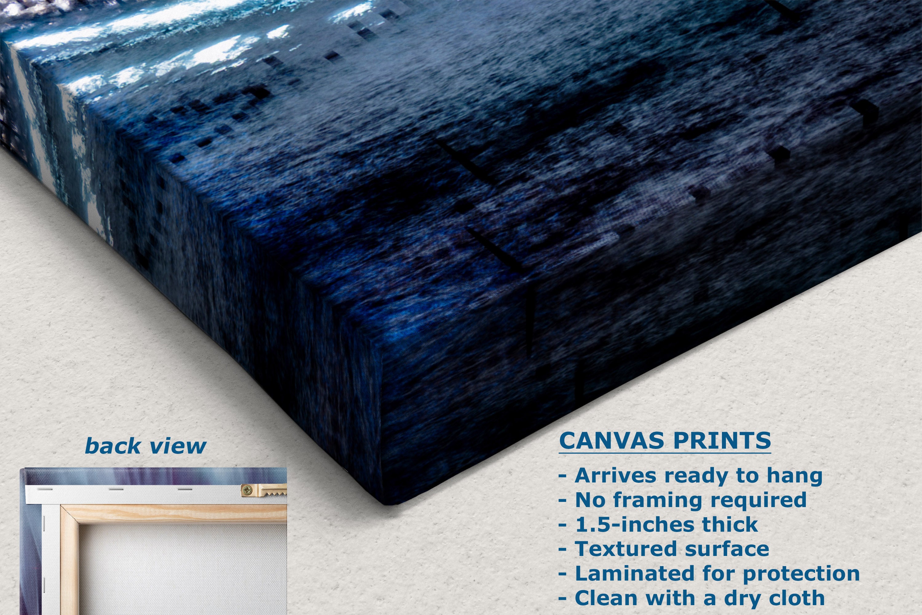 A close-up corner view of a canvas print showing its textured dark blue and black abstract surface, with a small inset labeled back view and text describing canvas print features on a light neutral background.
