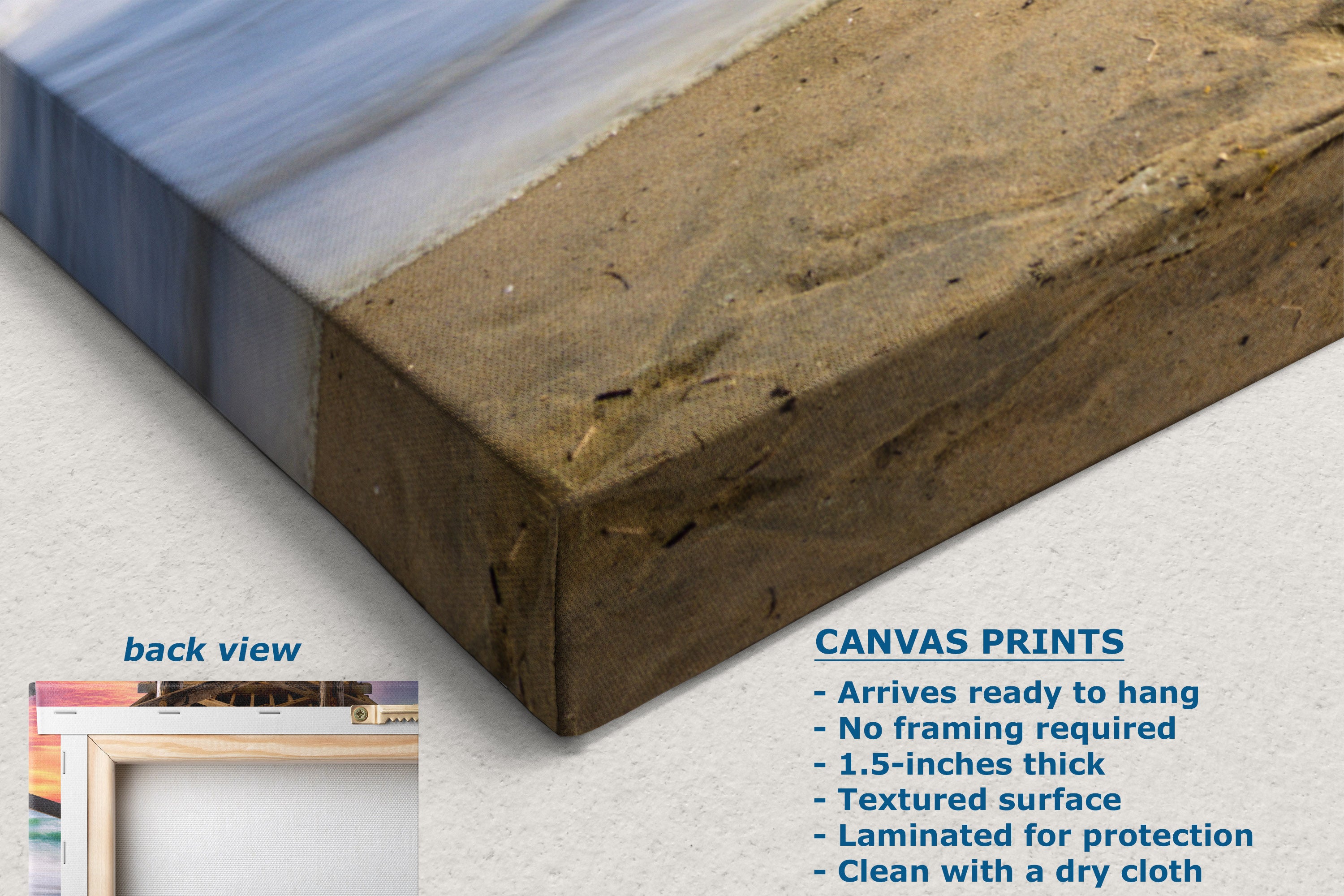 Close-up of a canvas print showing the textured fabric surface and wrapped edge, with text describing canvas prints and a small inset labeled back view.