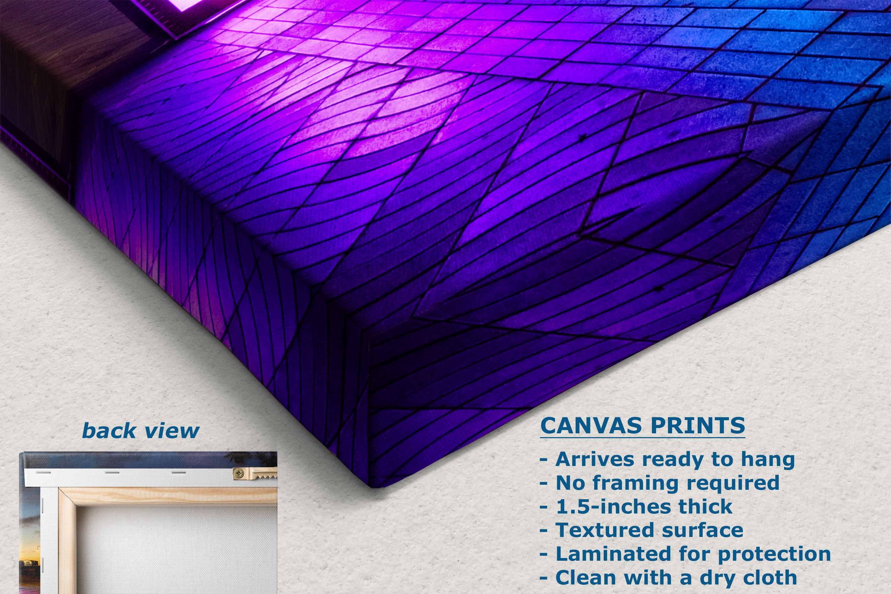 A close-up of a canvas wall art print showing a geometric, faceted 3D design in vibrant purple and blue tones. The image includes text overlays detailing product features ('CANVAS PRINTS') and a small inset labeled 'back view' showing a frameless presentation.