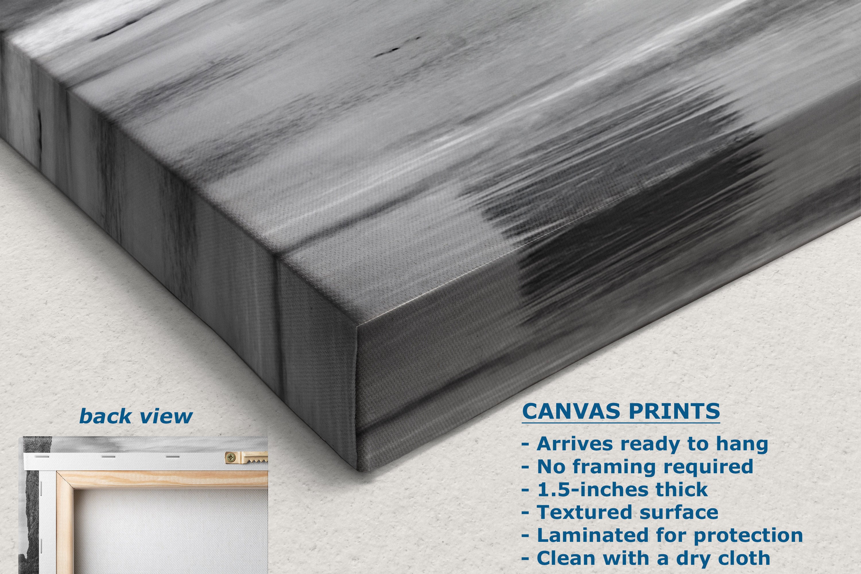 A close-up of a wrapped canvas print showing its textured gray and black wood-grain pattern, with a small inset showing the back view with a frame. Text on the image describes the canvas print features.