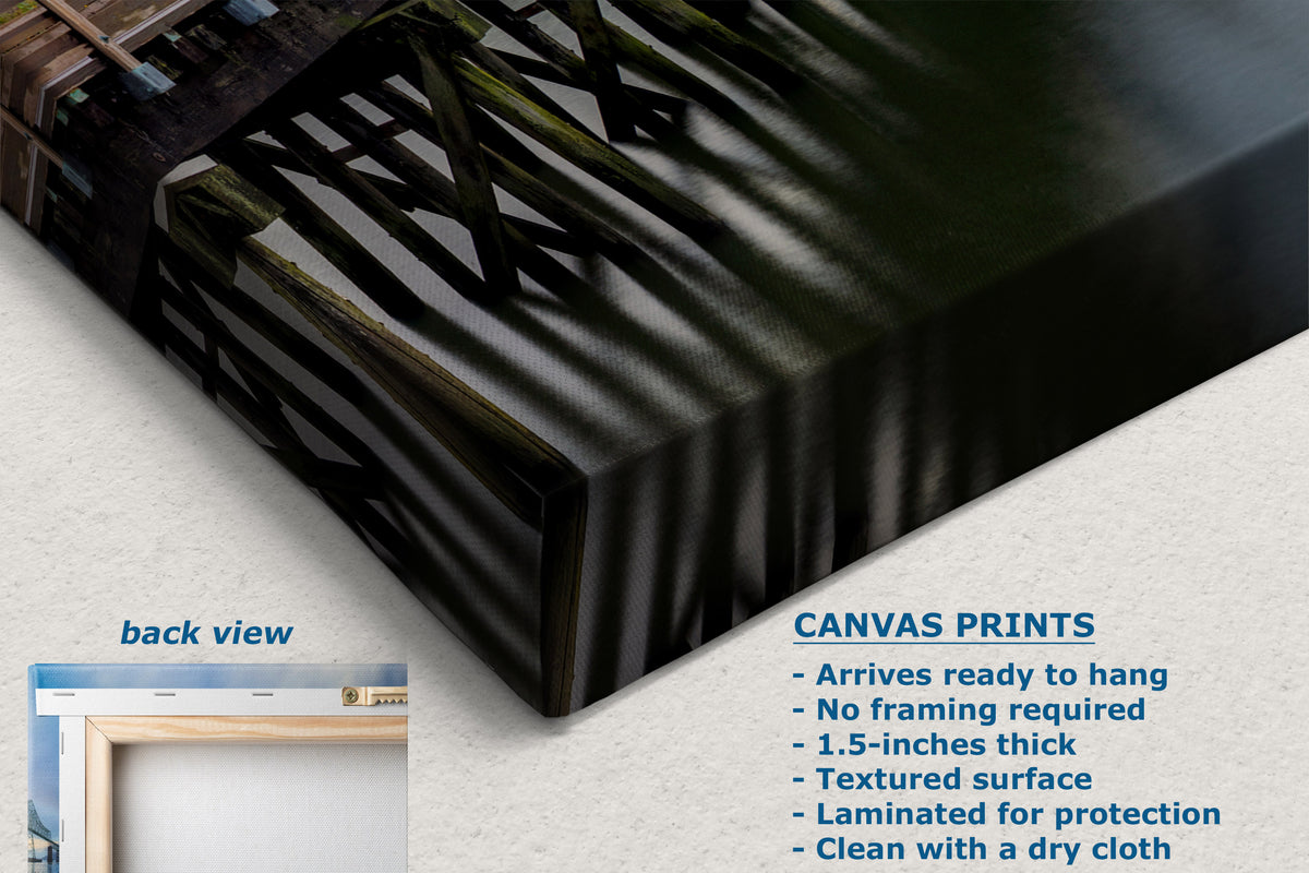 A canvas print product graphic showing a dark, moody architectural scene with shadow patterns on the front, a small inset labeled back view, and text describing canvas print features on a light background.